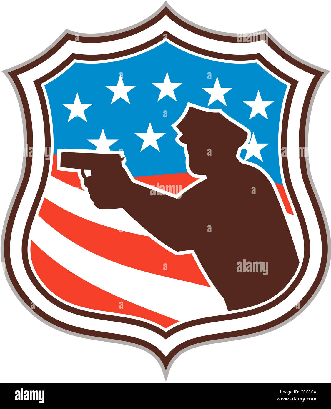 Policeman Silhouette Pointing Gun Flag Shield Retro Stock Photo
