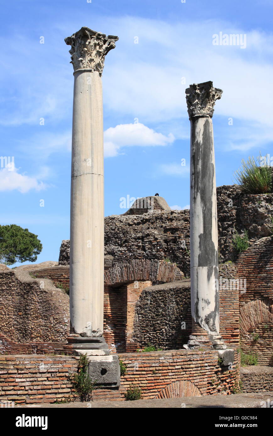 Columns of an ancient roman temple in Ostia Antica Stock Photo