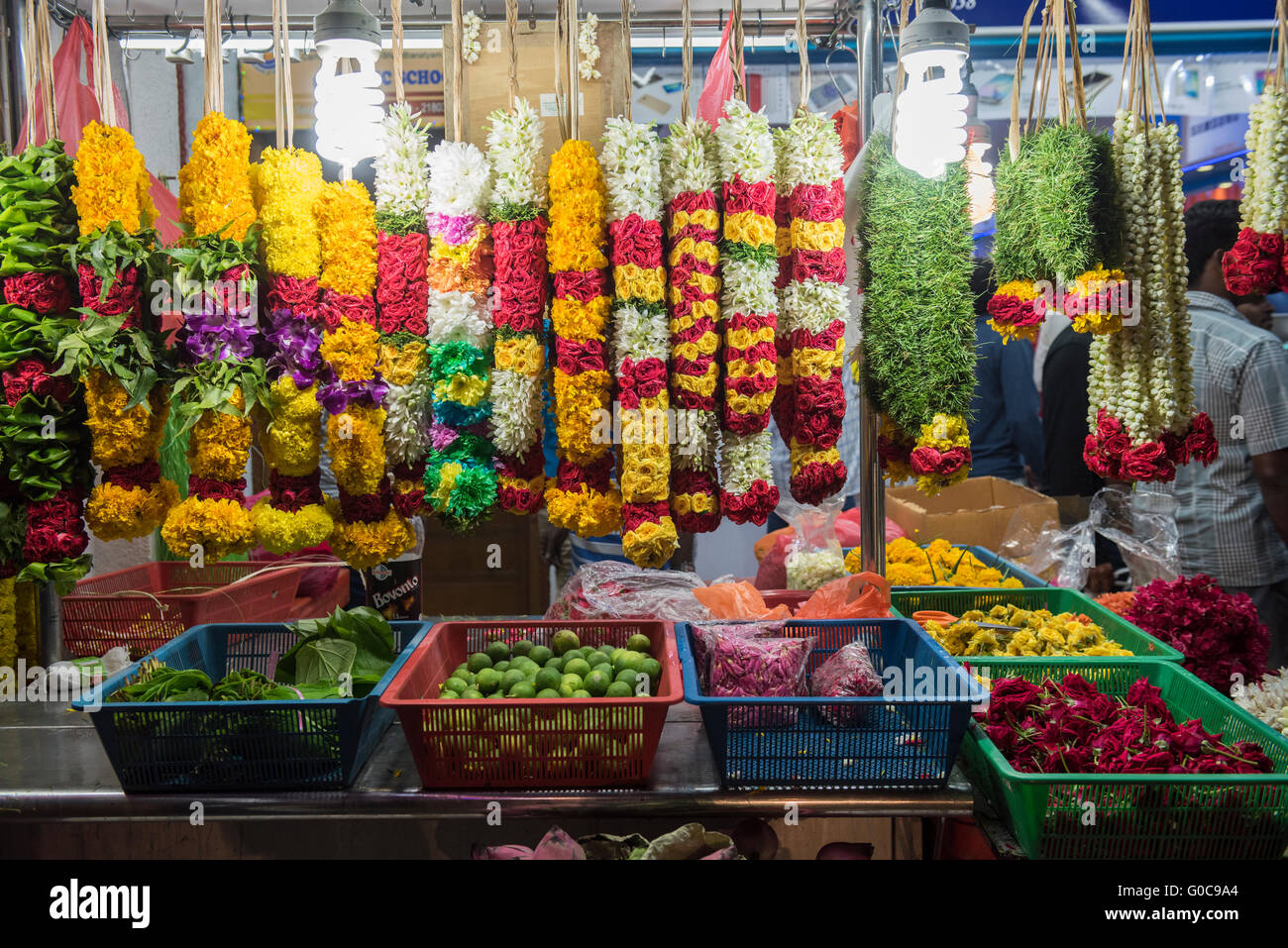 Market Stall in Little India Selling Flower Garlands used for Worship