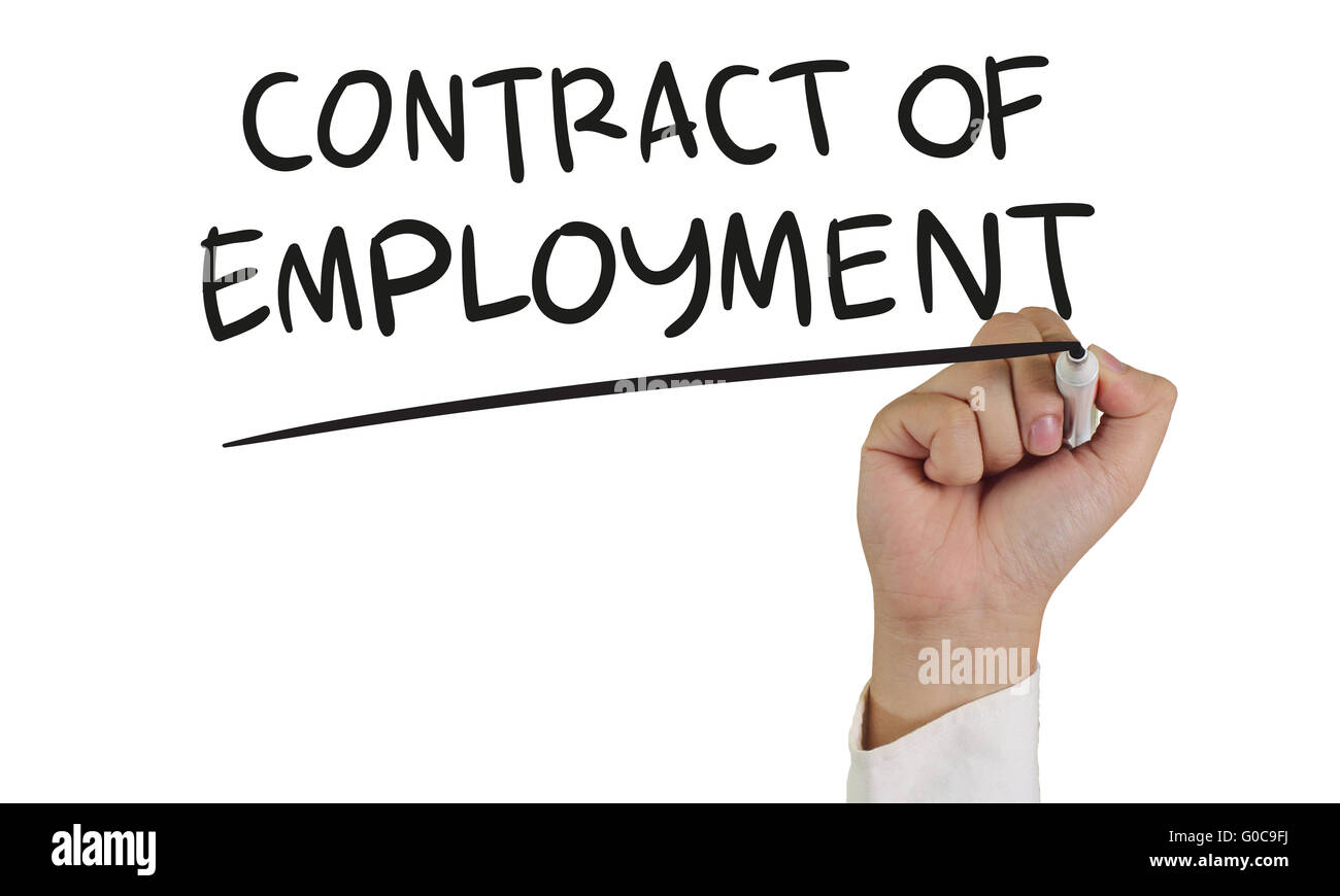 Business concept image of a hand holding marker and write Contract of Employment isolated on white Stock Photo