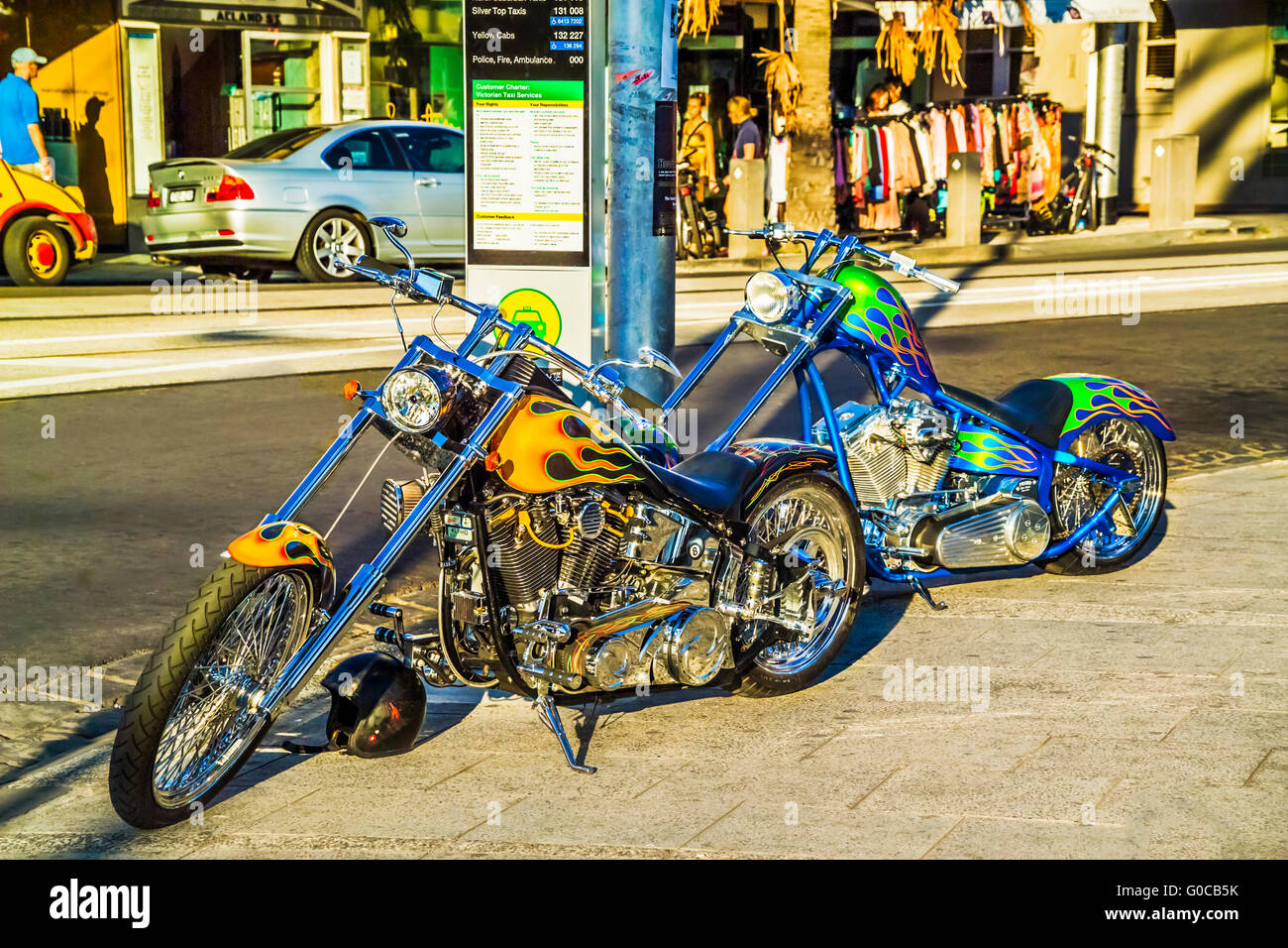 Two touring Harley Davidson's motorcycles, St Kilda Melbourne, Australia Stock Photo