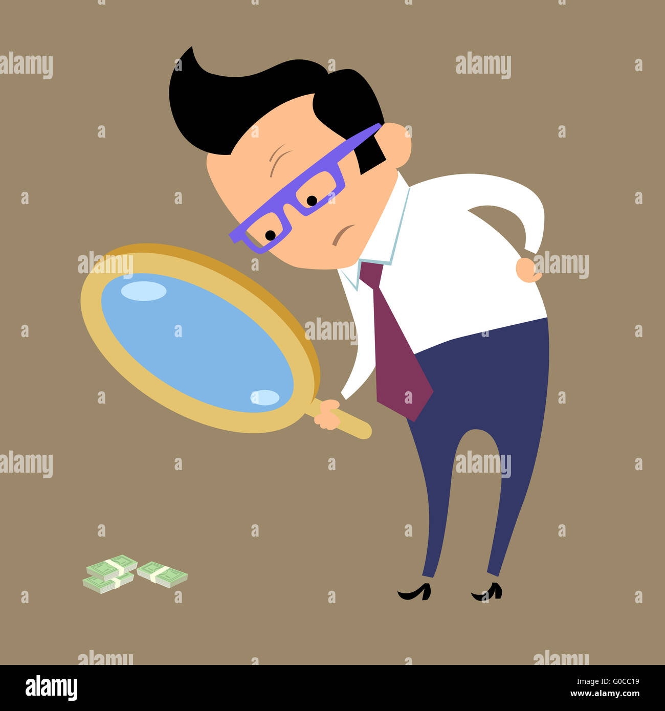Businessman looking for money in magnifying glass Stock Photo