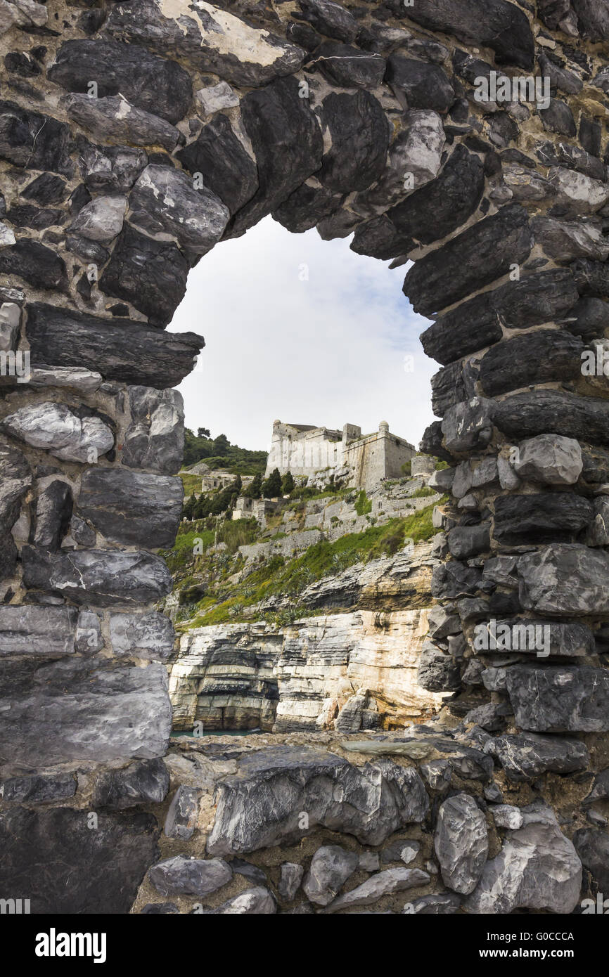 Fortification walls of Portovenere, Cinque Terre Stock Photo