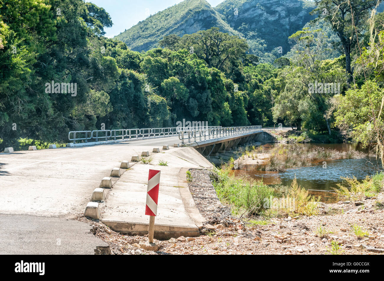 Bridge over the Groot River at the bottom of the Grootrivier Pass passing through the Tsitsikama Forest Stock Photo