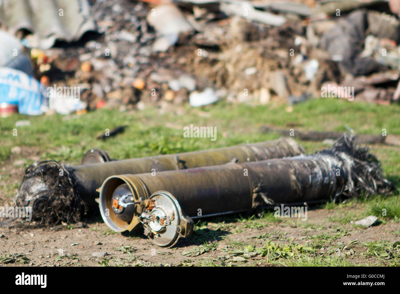 unexploded ordnance from multiple rocket launchers Stock Photo
