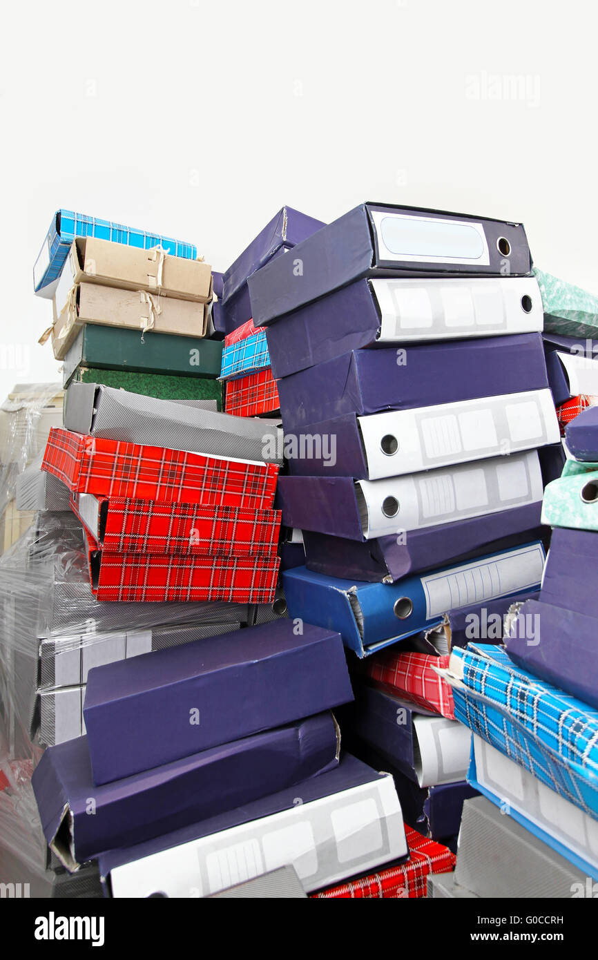 Big bunch of used ring binders in storage room Stock Photo