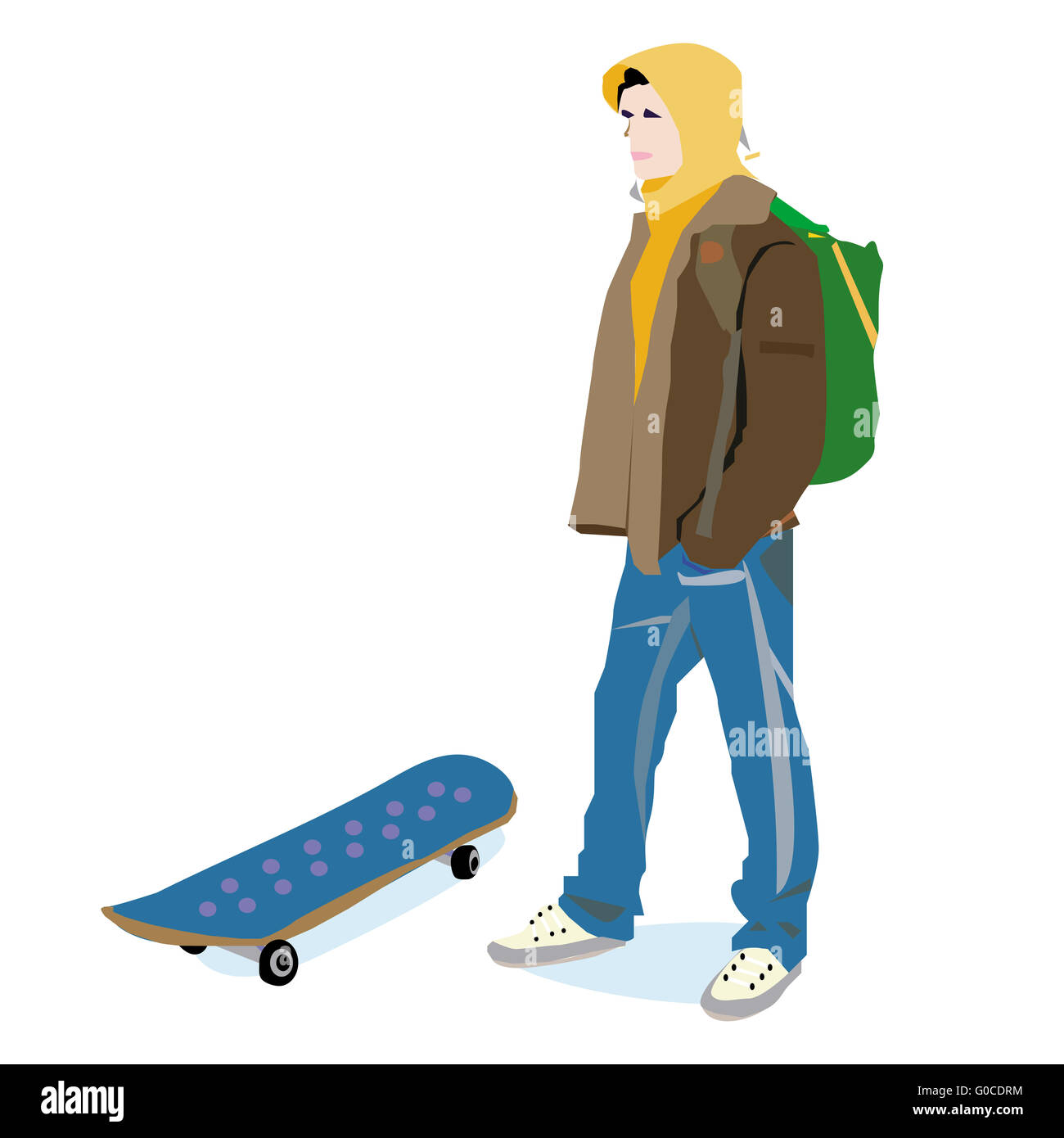 Teenager in a hood with a skateboard. Stock Photo