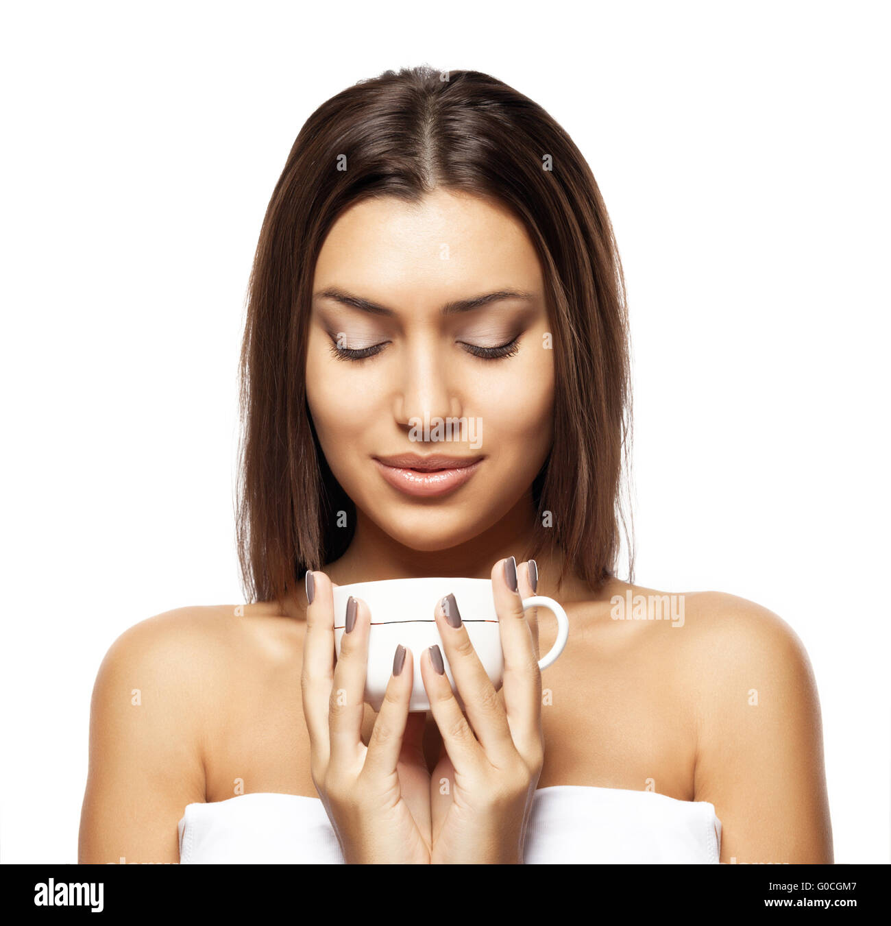 beautiful young woman with cup of coffee, on white background Stock ...