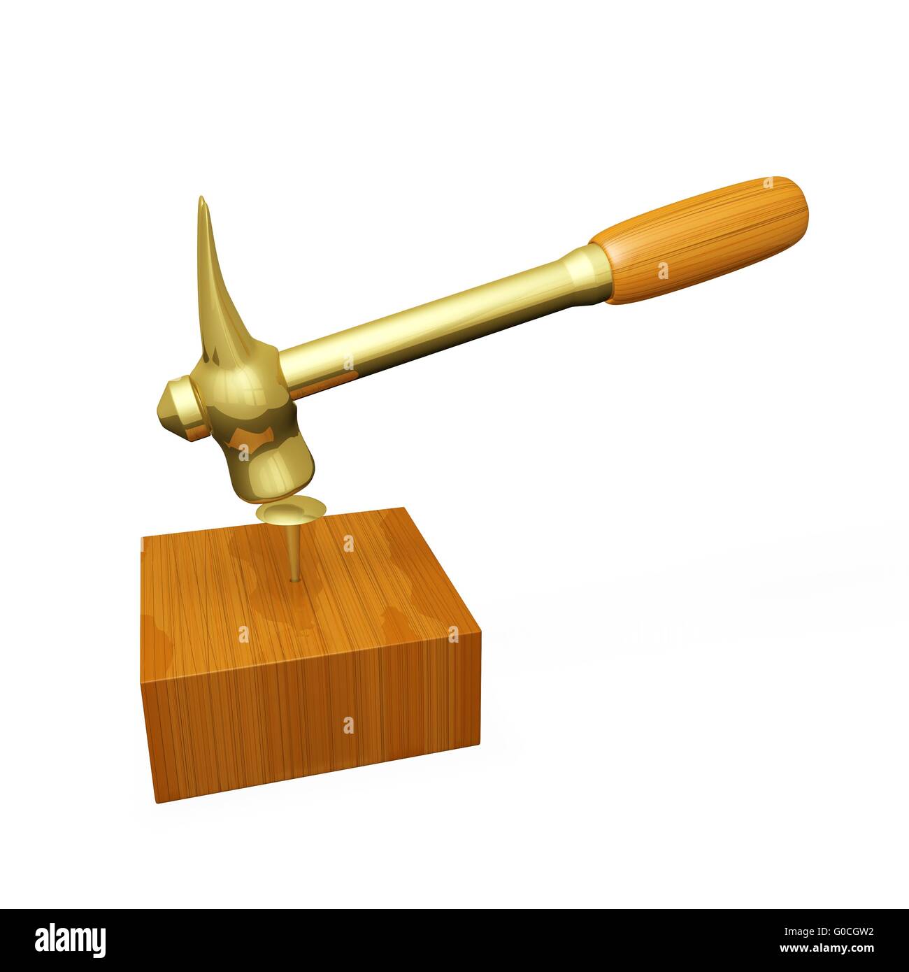 Golden Hammer Driving a Golden Nail into a Wood Block Stock Photo Alamy