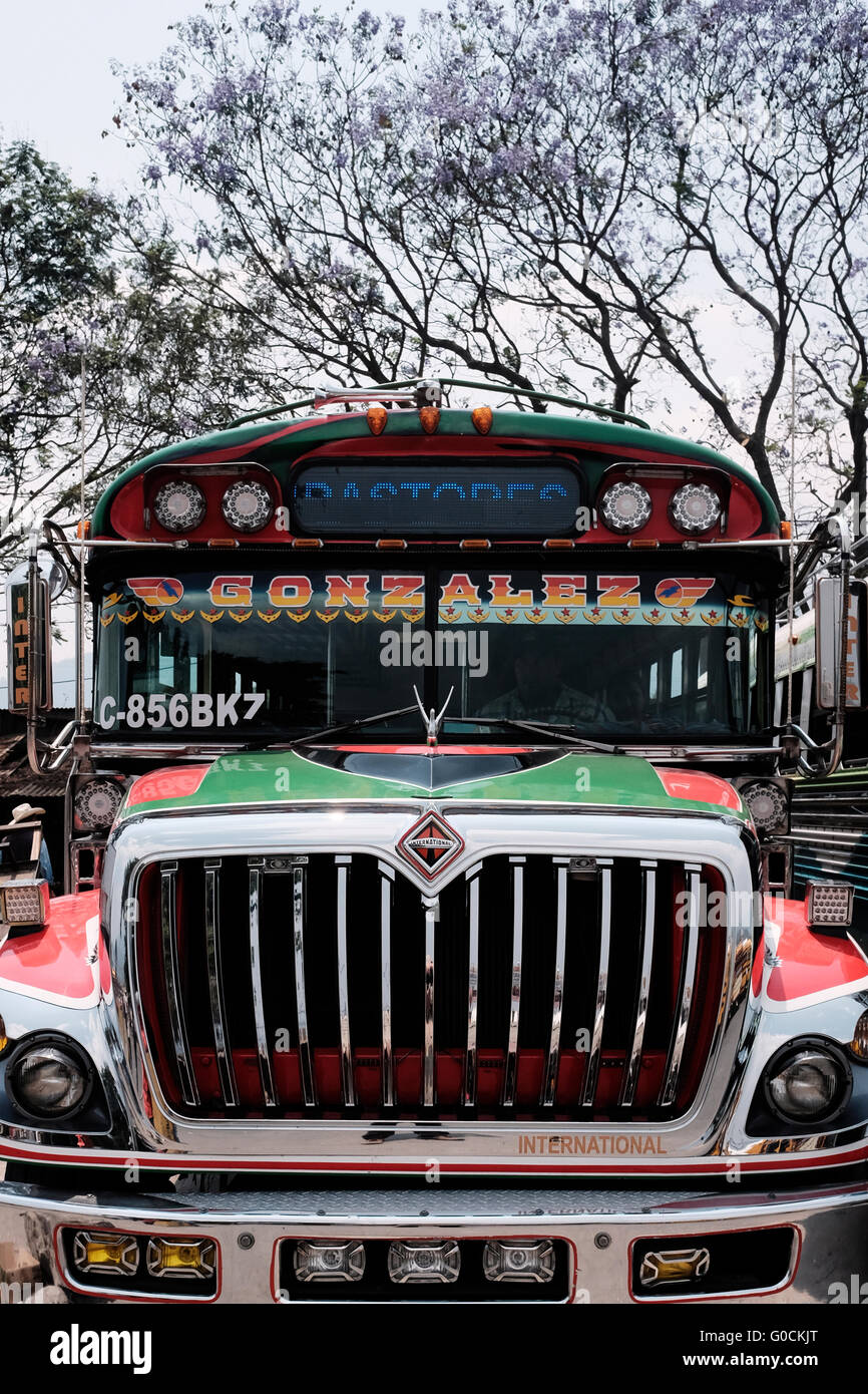 A fabled chicken bus which is a colloquial English name for a colorful