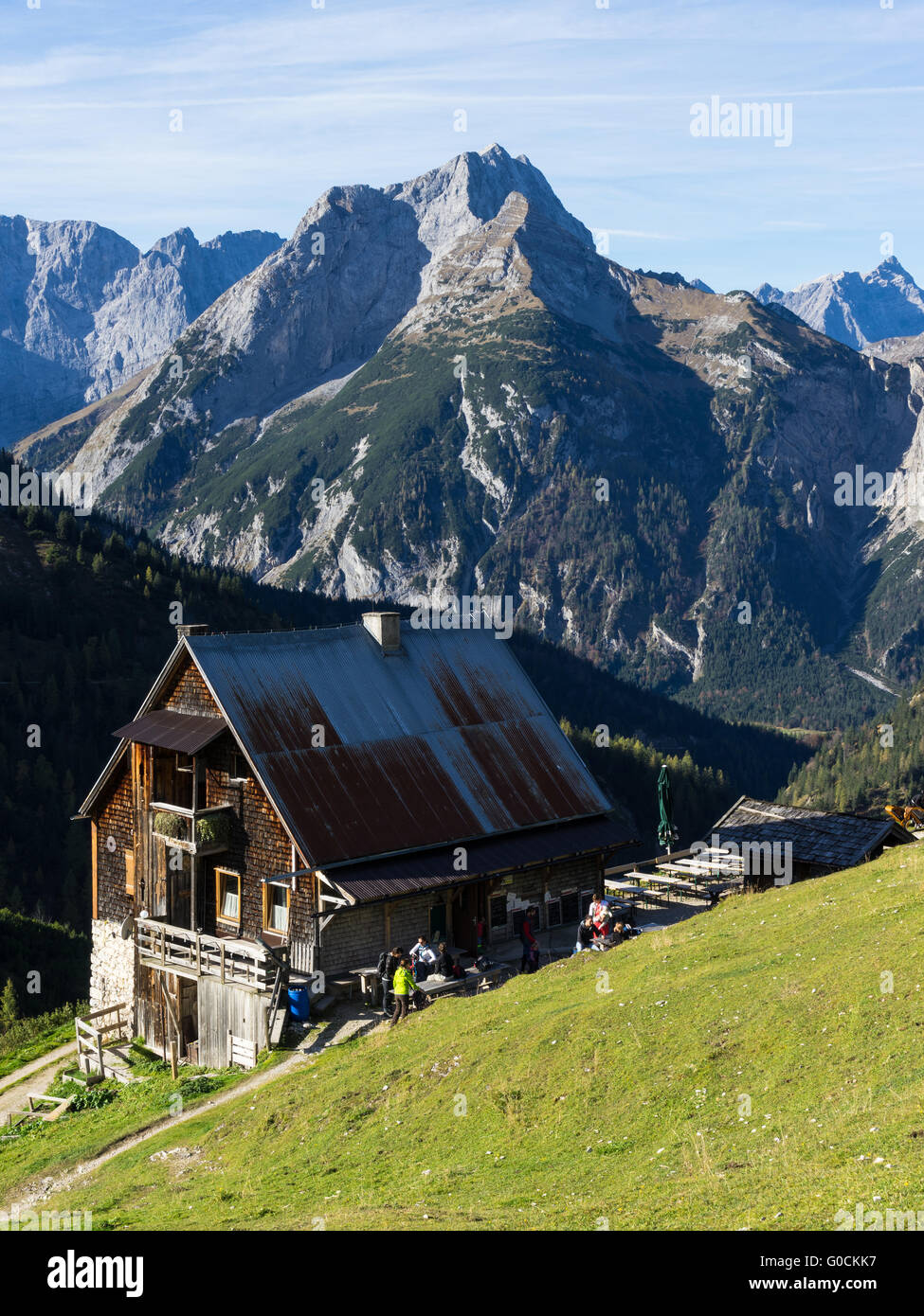 Plumsjoch Lodge at Karwendel Range Stock Photo