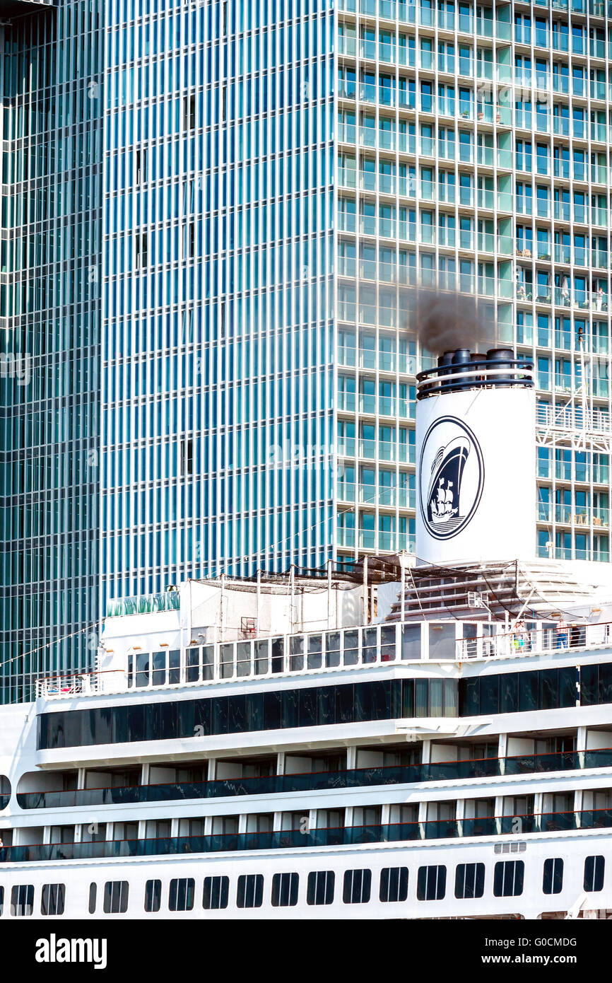 Part of the outgoing MS Rotterdam VI with smoking Stock Photo