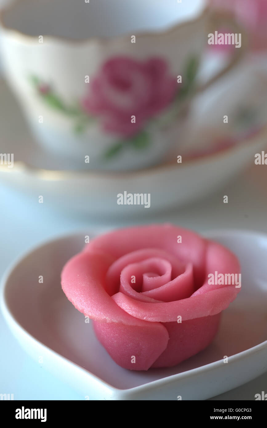Marzipan Rose and Cup with Rose Decor (Meissen) Stock Photo