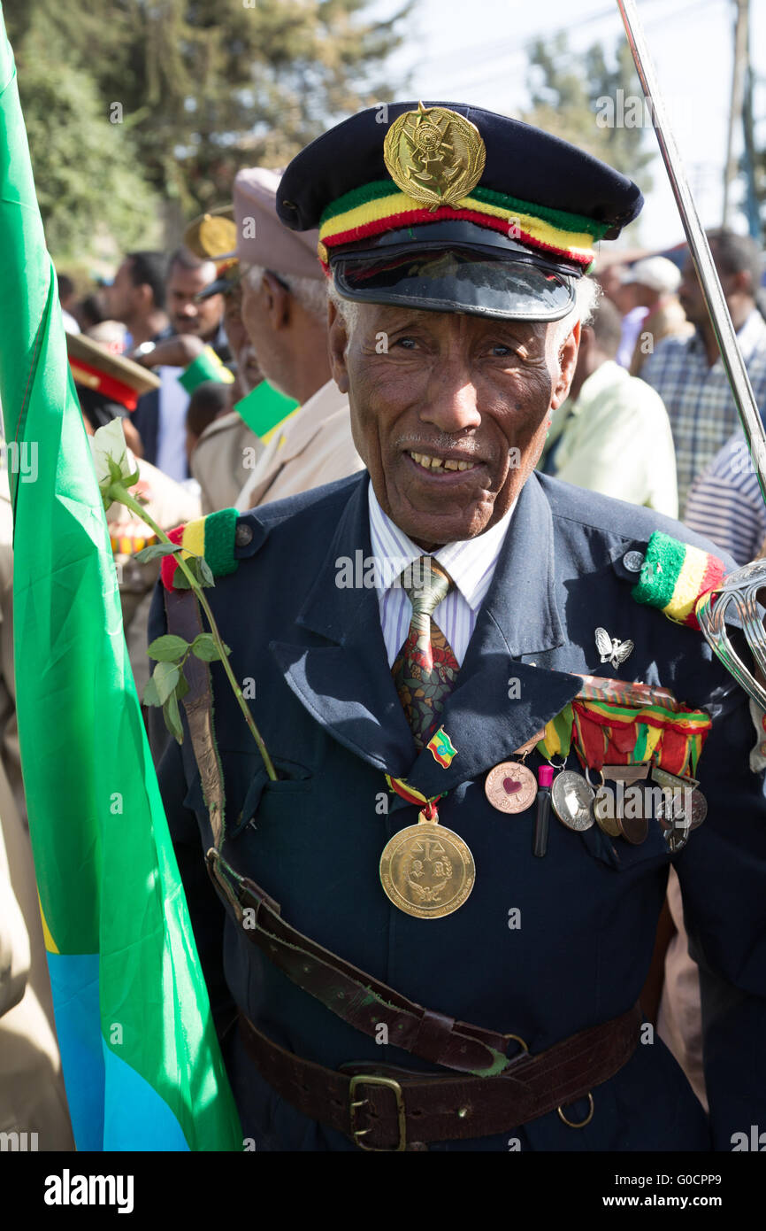 A war veteran with medals celebrates the 119th Anniversary of Adwa Victory. Stock Photo