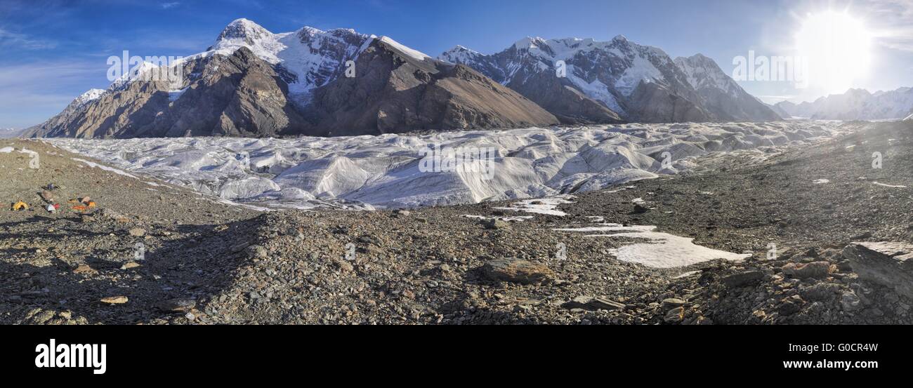 Scenic panorama of Engilchek glacier in picturesque Tian Shan mountain range in Kyrgyzstan Stock Photo