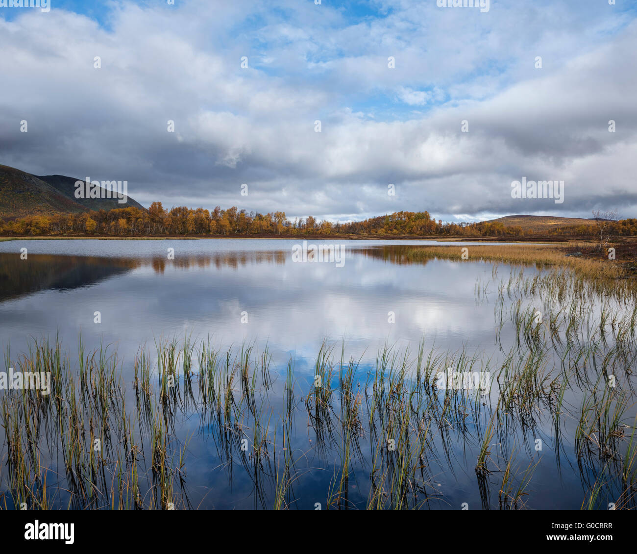 Small mountain lake in autumn, near Tärnasjön, Kungsleden trail, Lapland, Sweden Stock Photo
