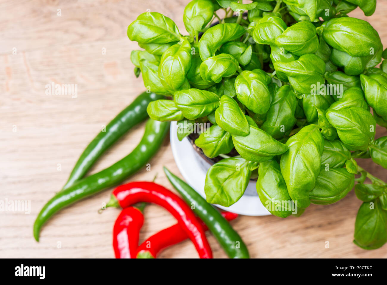 potted basil herb plant and chill peppers on wooden table Stock Photo