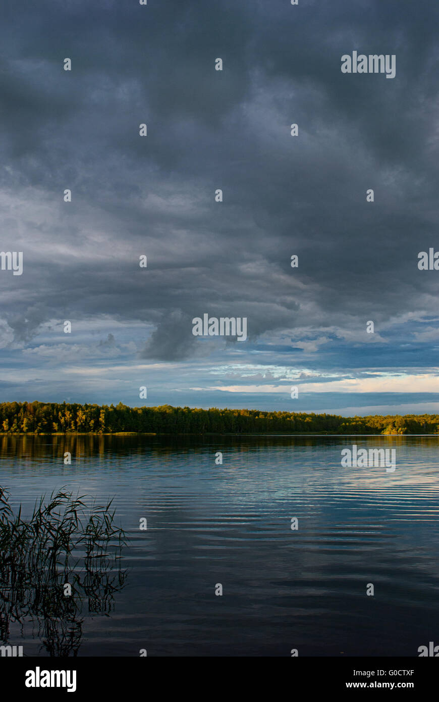 Sunset over the forest lake with dramatic sky Stock Photo - Alamy