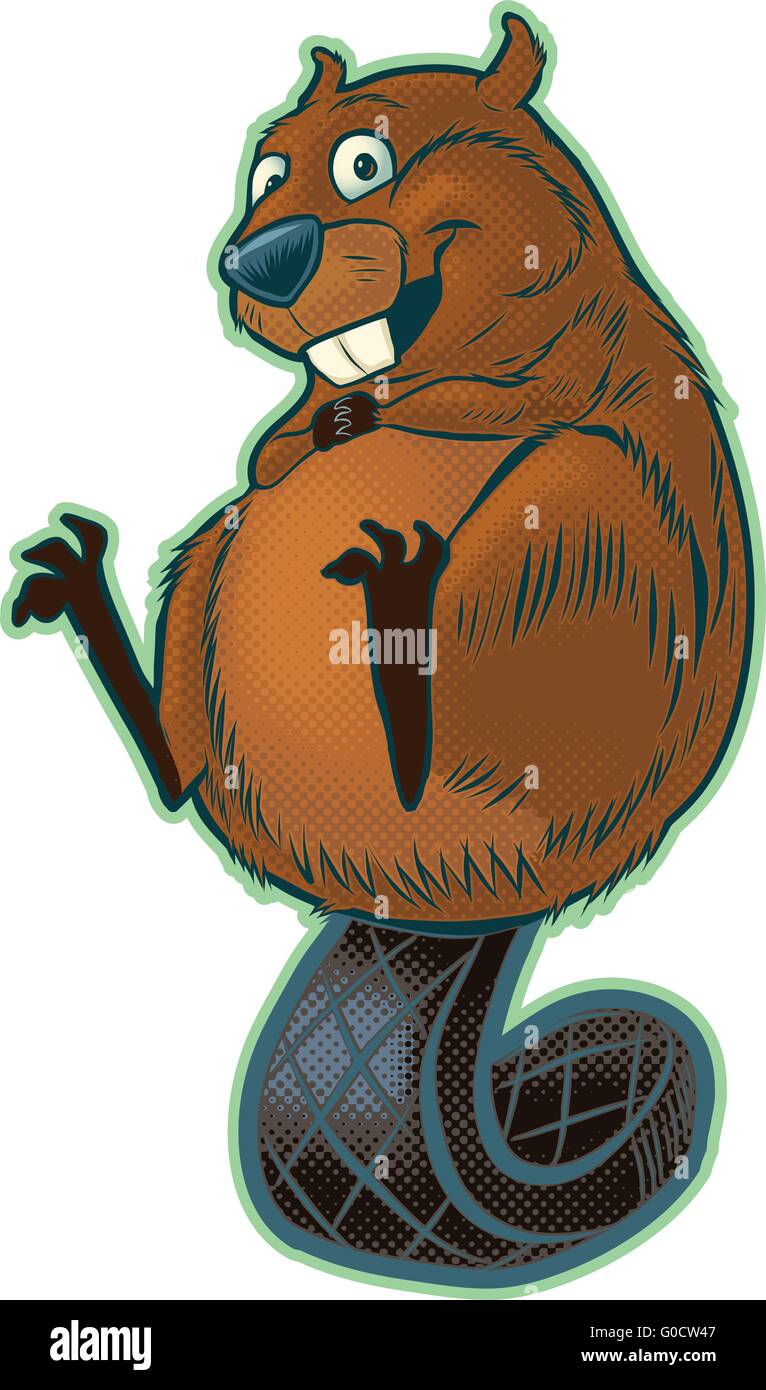 A cute, happy cartoon beaver balancing on its flat tail. This vector cartoon clip art features halftone screens for shading. Stock Vector