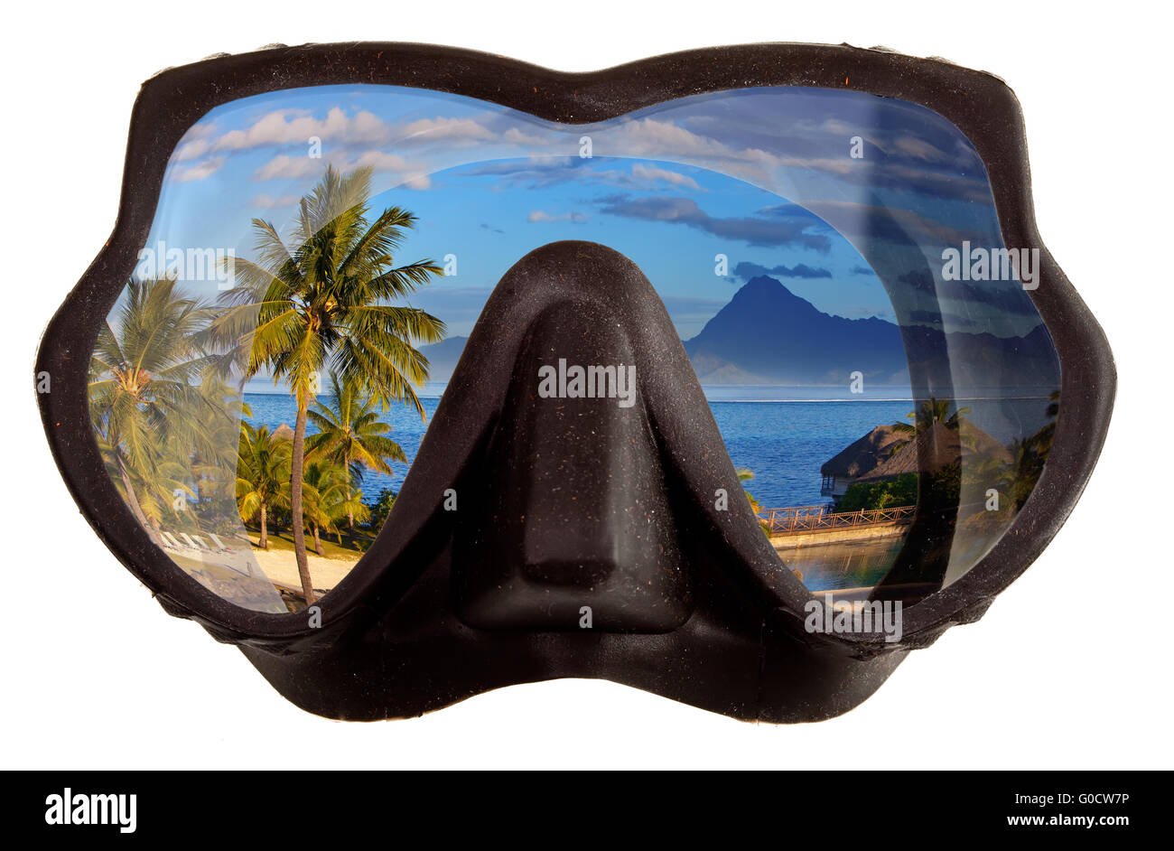 tropical landscape is reflected in mask glasses Stock Photo