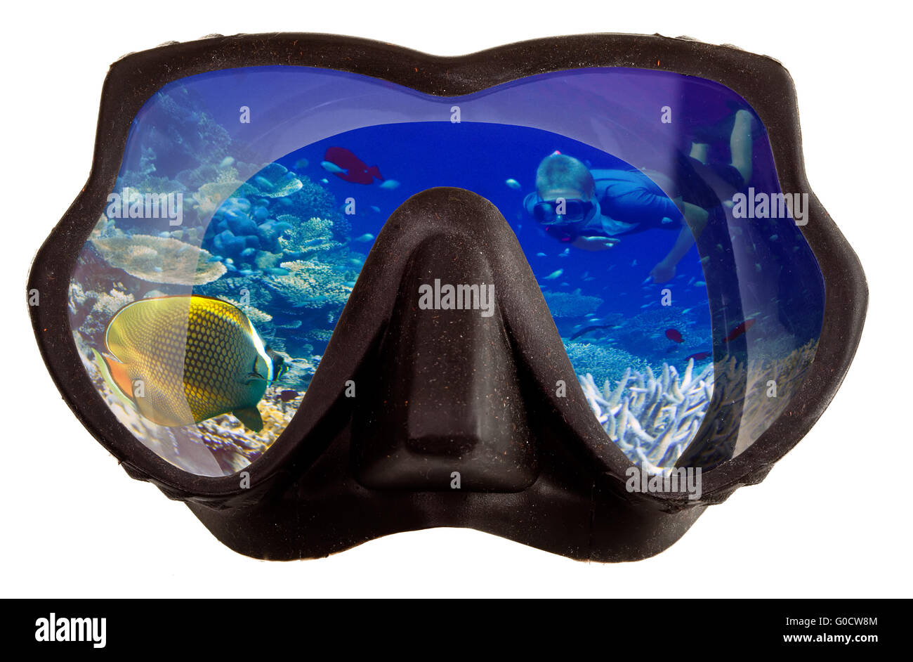 Underwater landscape is reflected in mask glasses Stock Photo