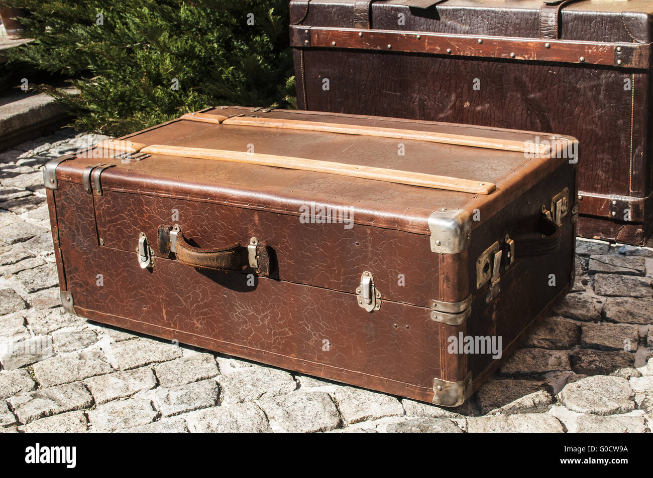 Old closed locked retro vintage leather suitcase Stock Photo Alamy