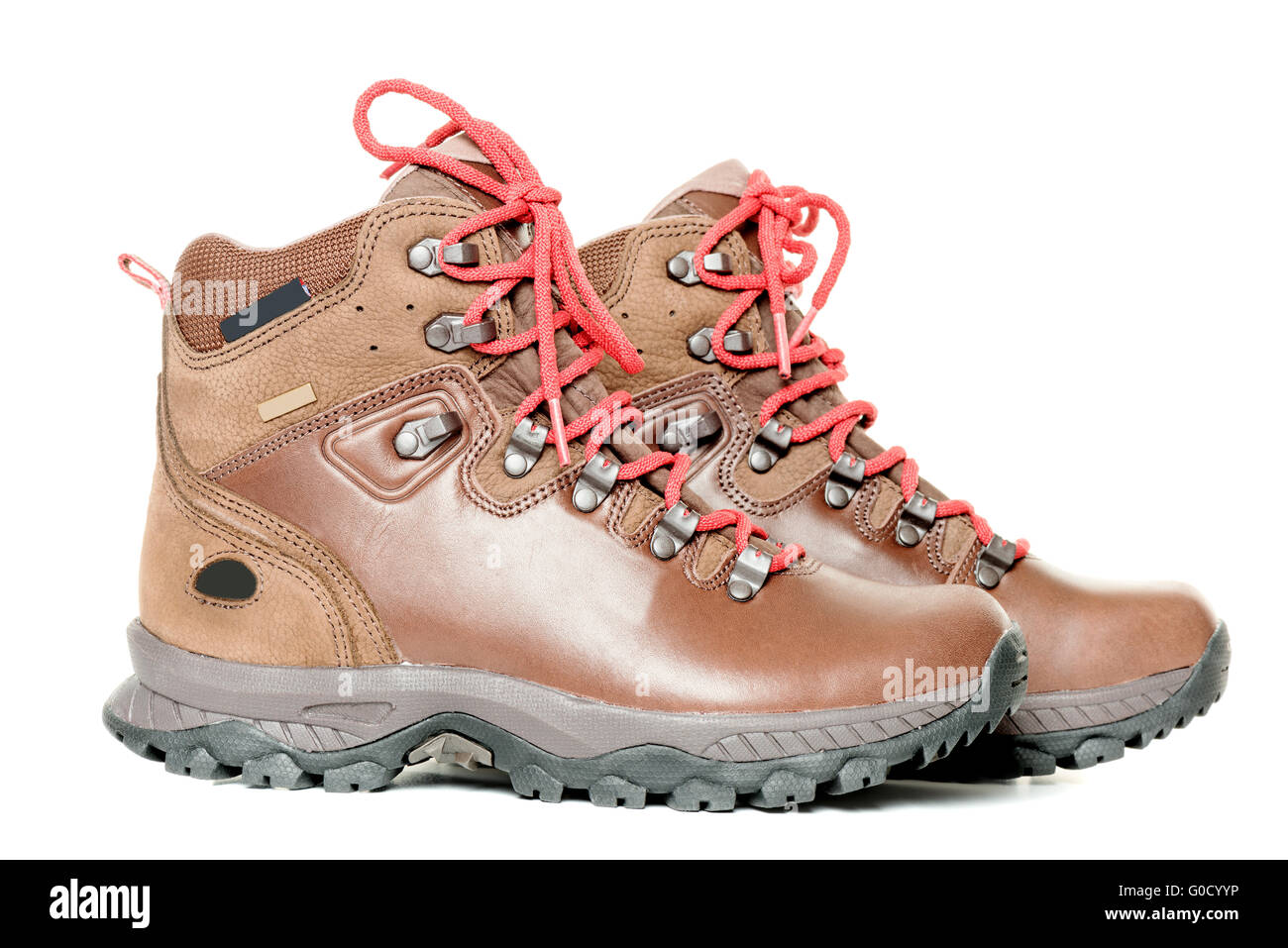 pair of leather hiking boots isolated on white side view Stock Photo