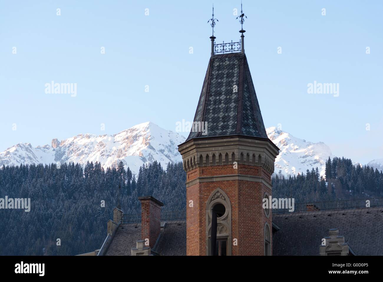 Town Hall Tower Schladming - Dachstein Mountains Stock Photo