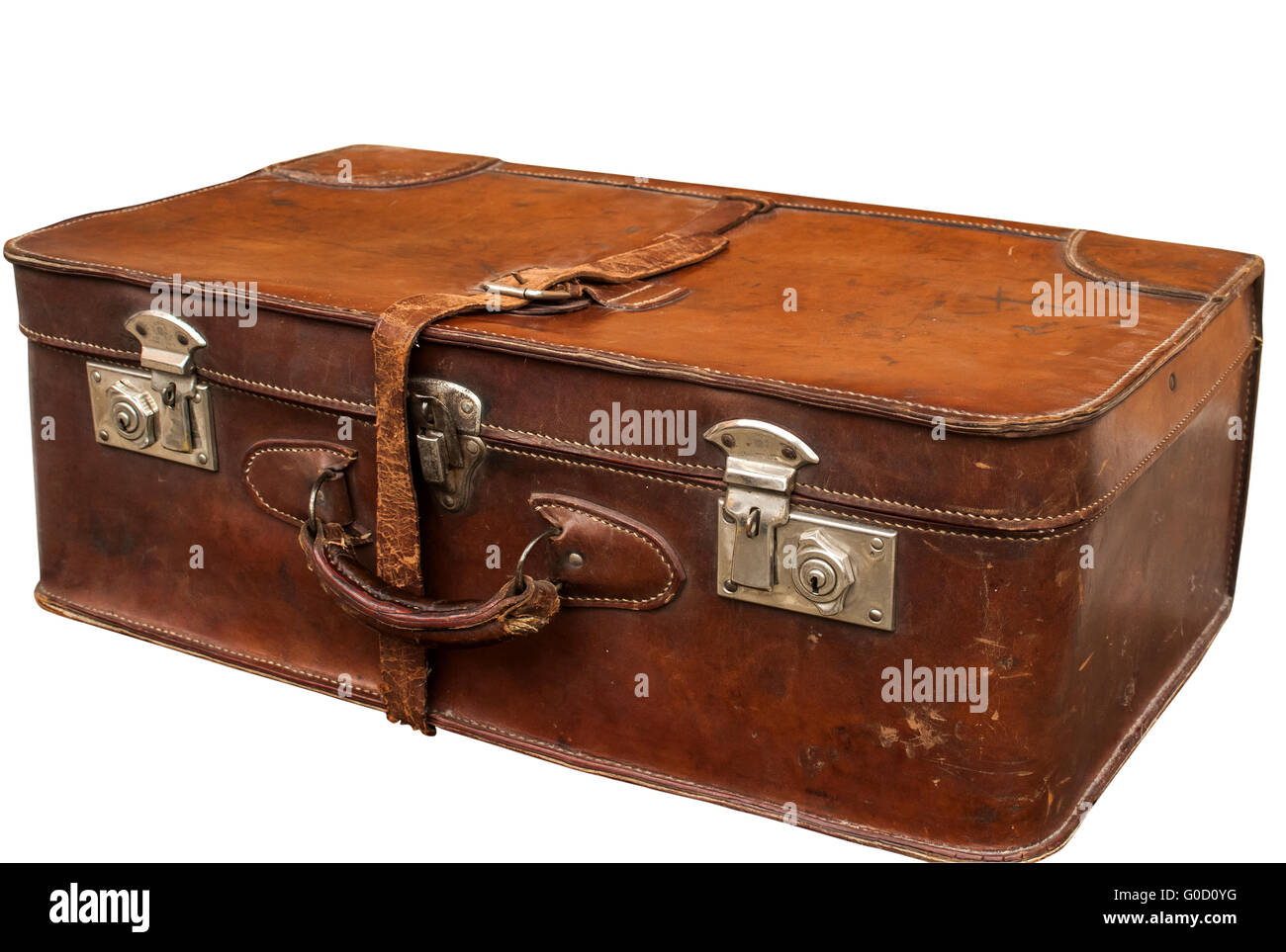 Old closet locked retro vintage leather suitcase Stock Photo