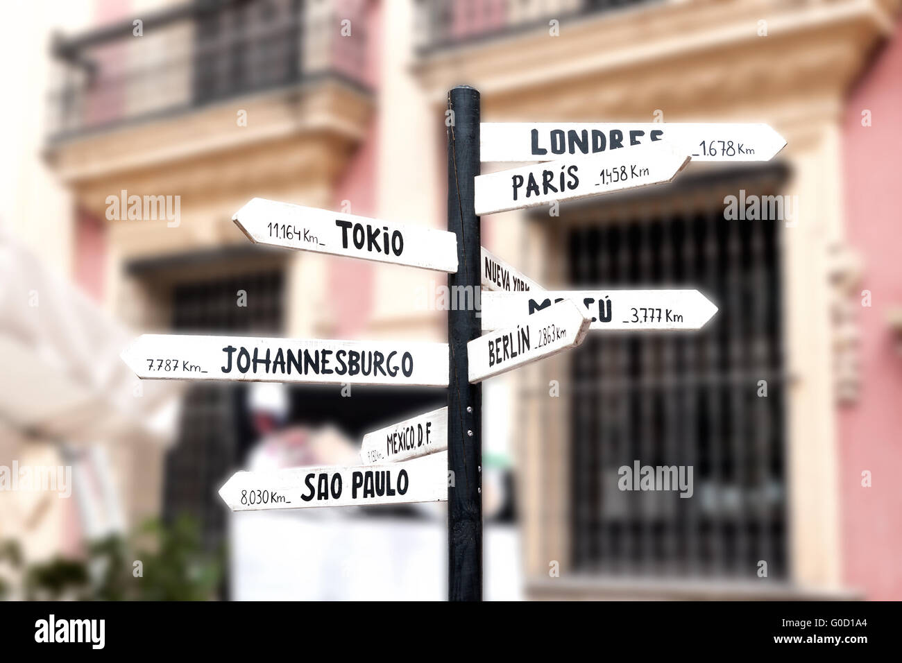 Signpost with names of major cities worldwide and Stock Photo
