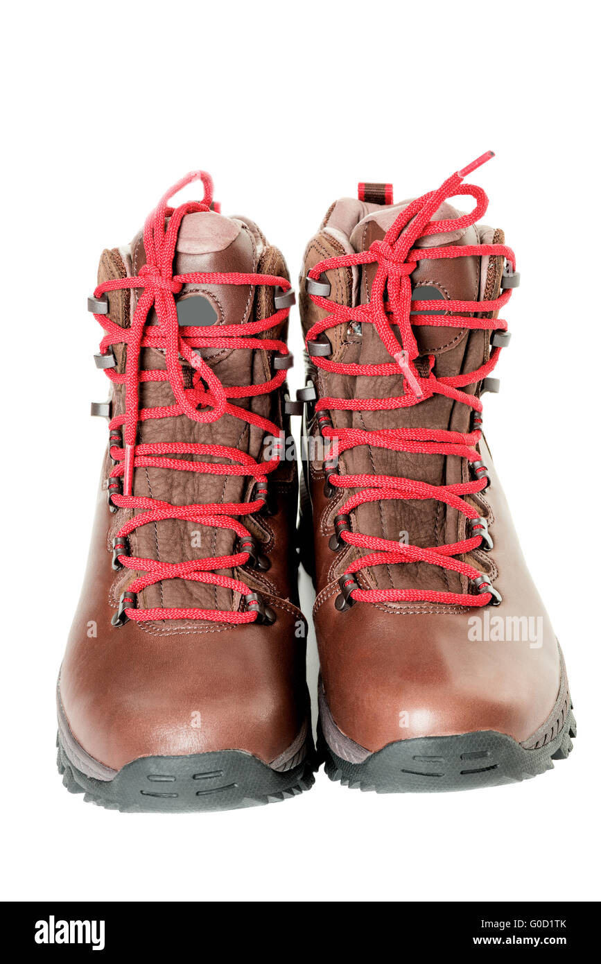 pair of leather hiking boots isolated on white Stock Photo