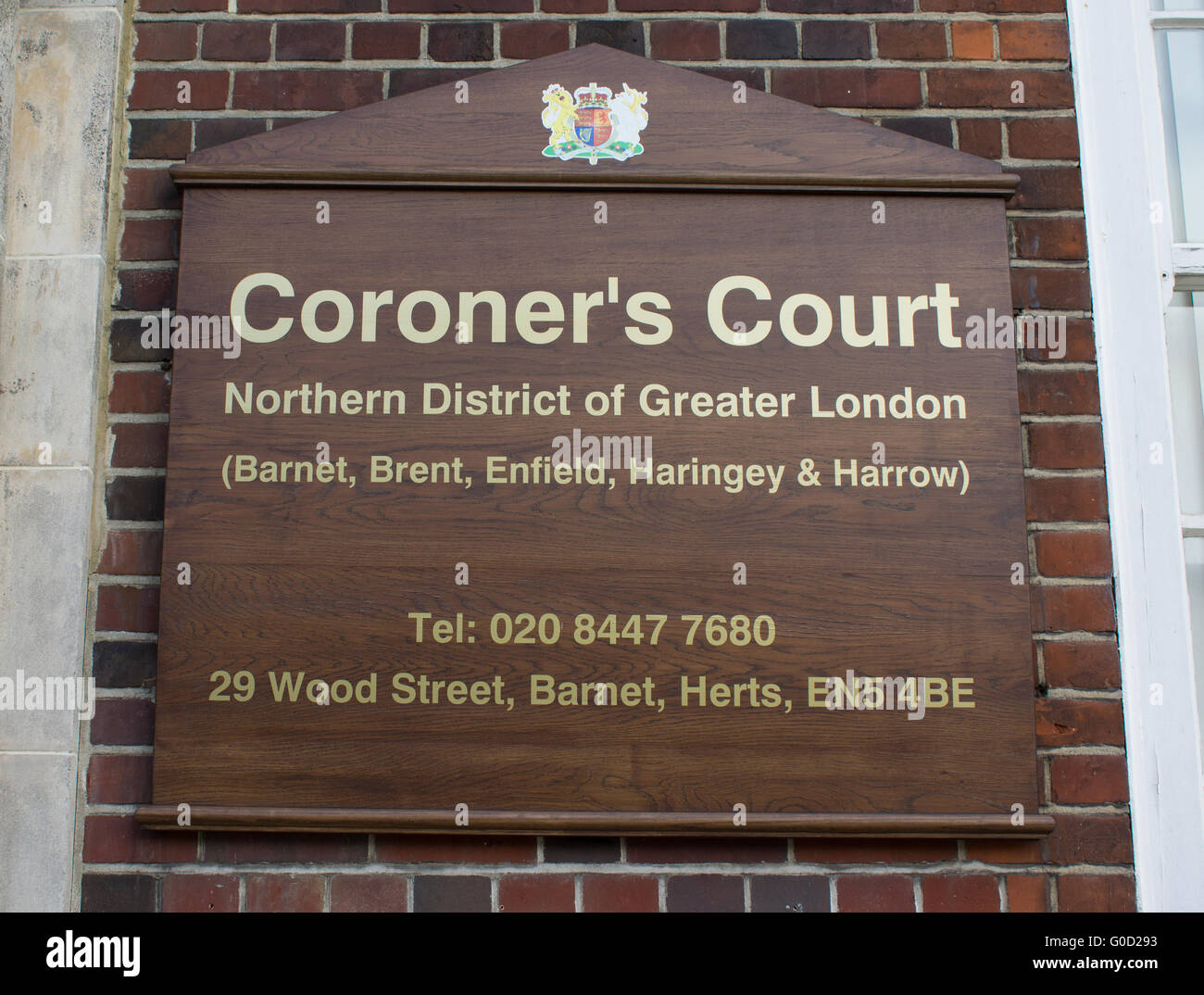 Coroner's Court sign in Barnet, North London, UK Stock Photo