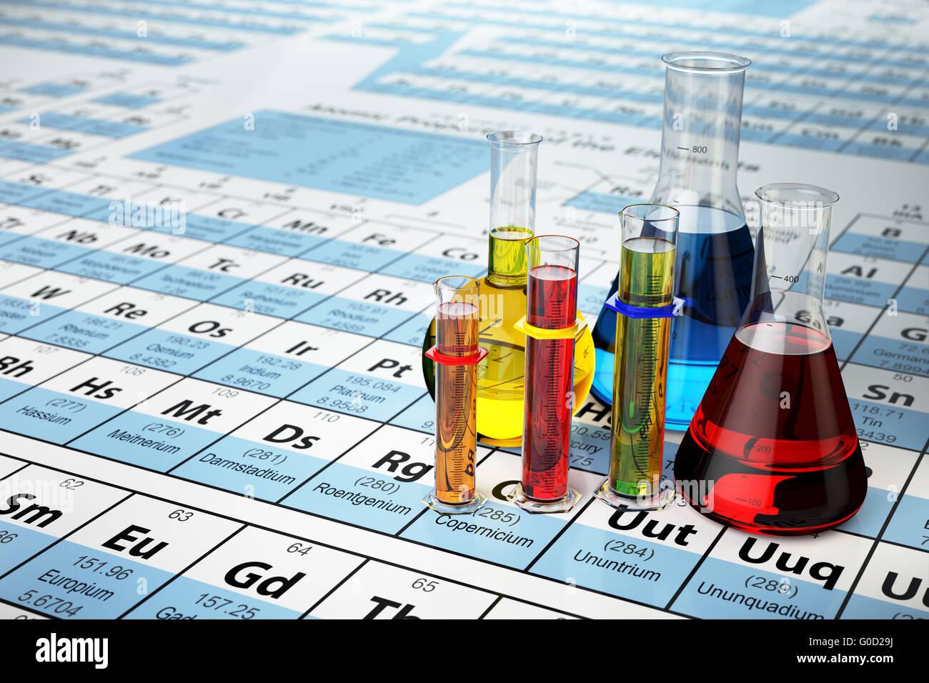 Science chemistry concept. Laboratory test tubes and flasks with colored liquids on the periodic table of elements.  3d illustra Stock Photo
