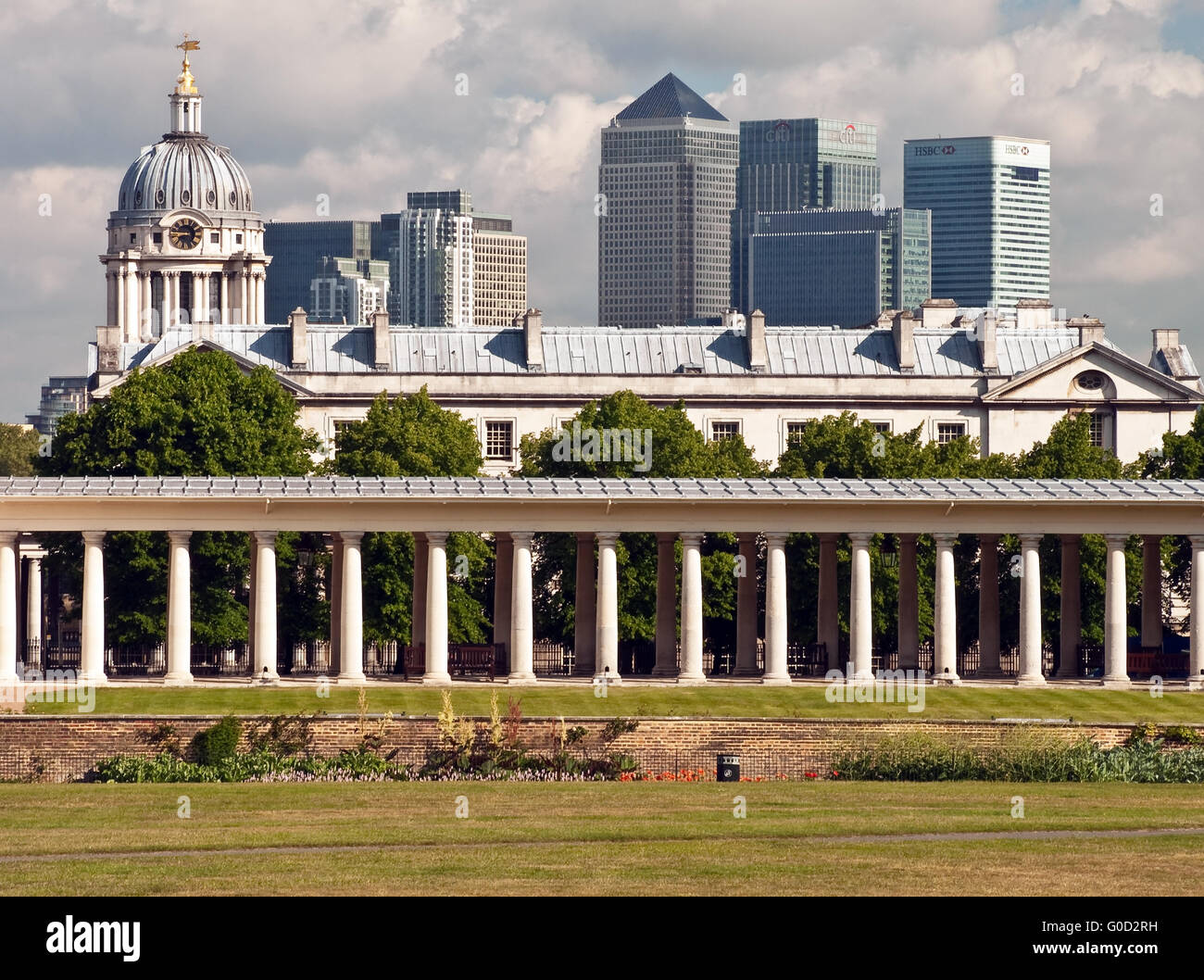 The offices of Canary Wharf framed by Queen Anne House in Greenwich