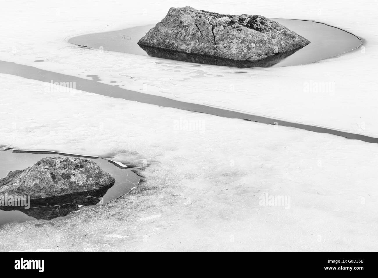 sheets of ice in a mountain lake, Lofoten, Norway Stock Photo