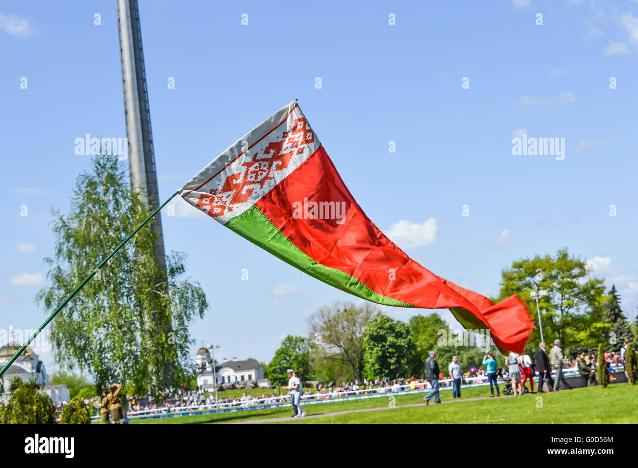 Brest, Belarus - May 9, 2015: People celebrate Victory Day on May 9. Belarus national flag. Stock Photo