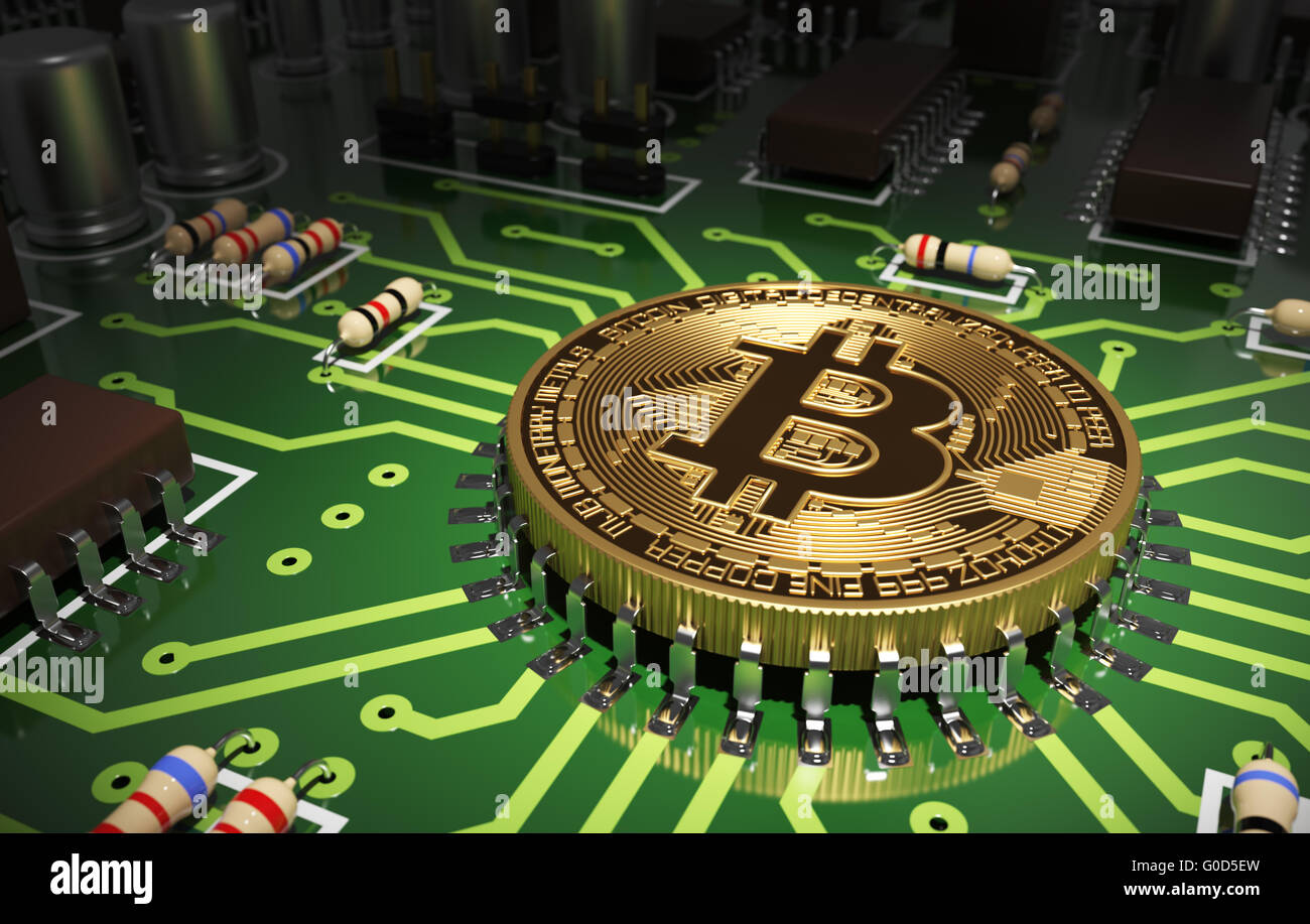 Concept Of Bitcoin Like A Computer Chip On Motherboard. 3D Scene. Stock Photo