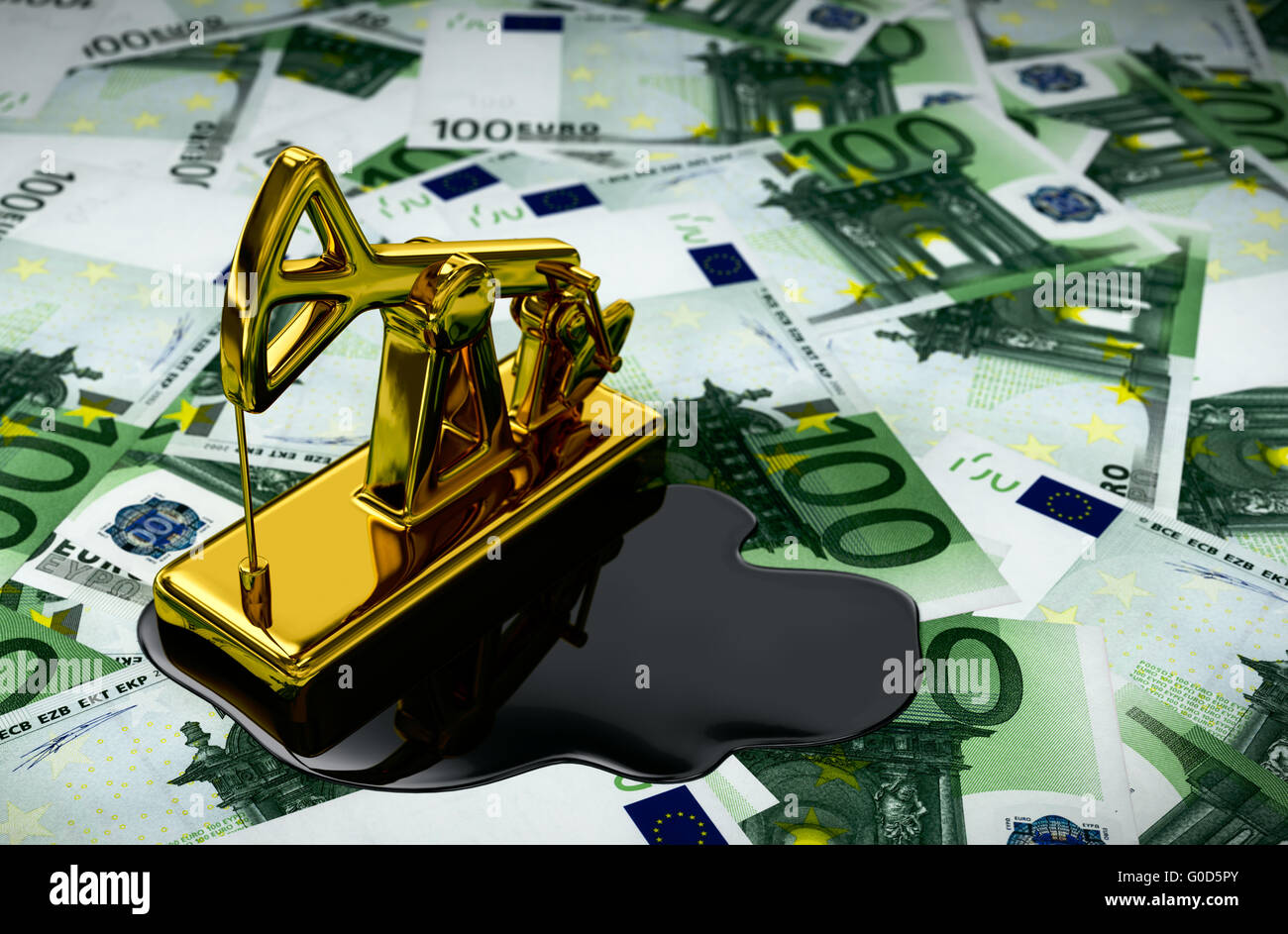 Gold Pumpjack And Spilled Oil On Euros. 3D Illustration Stock Photo Alamy