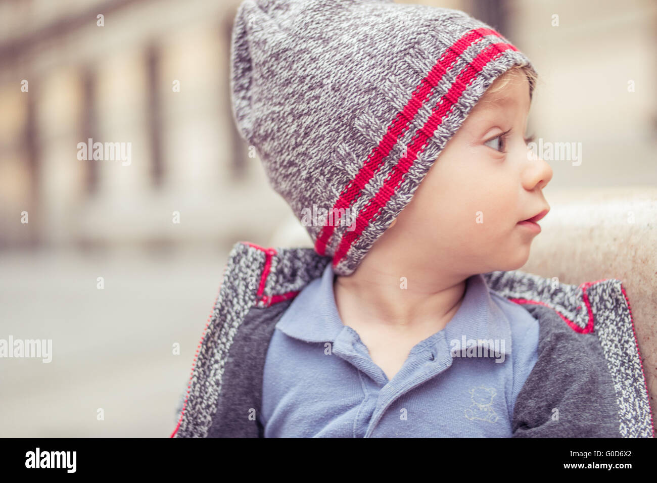 happy little baby boy wearing hat Stock Photo