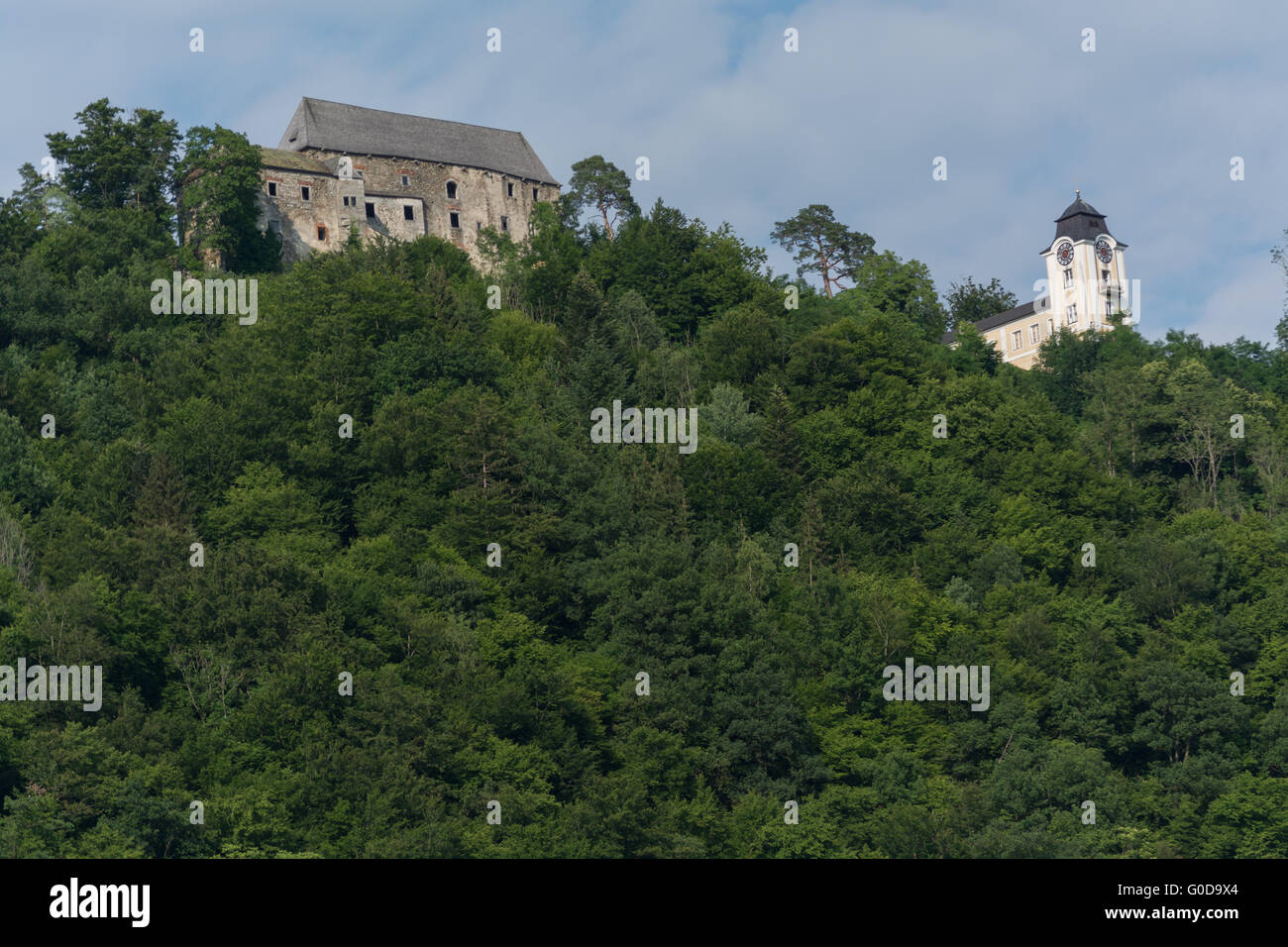 Neuhaus Castle on the Danube with church - Austria Stock Photo
