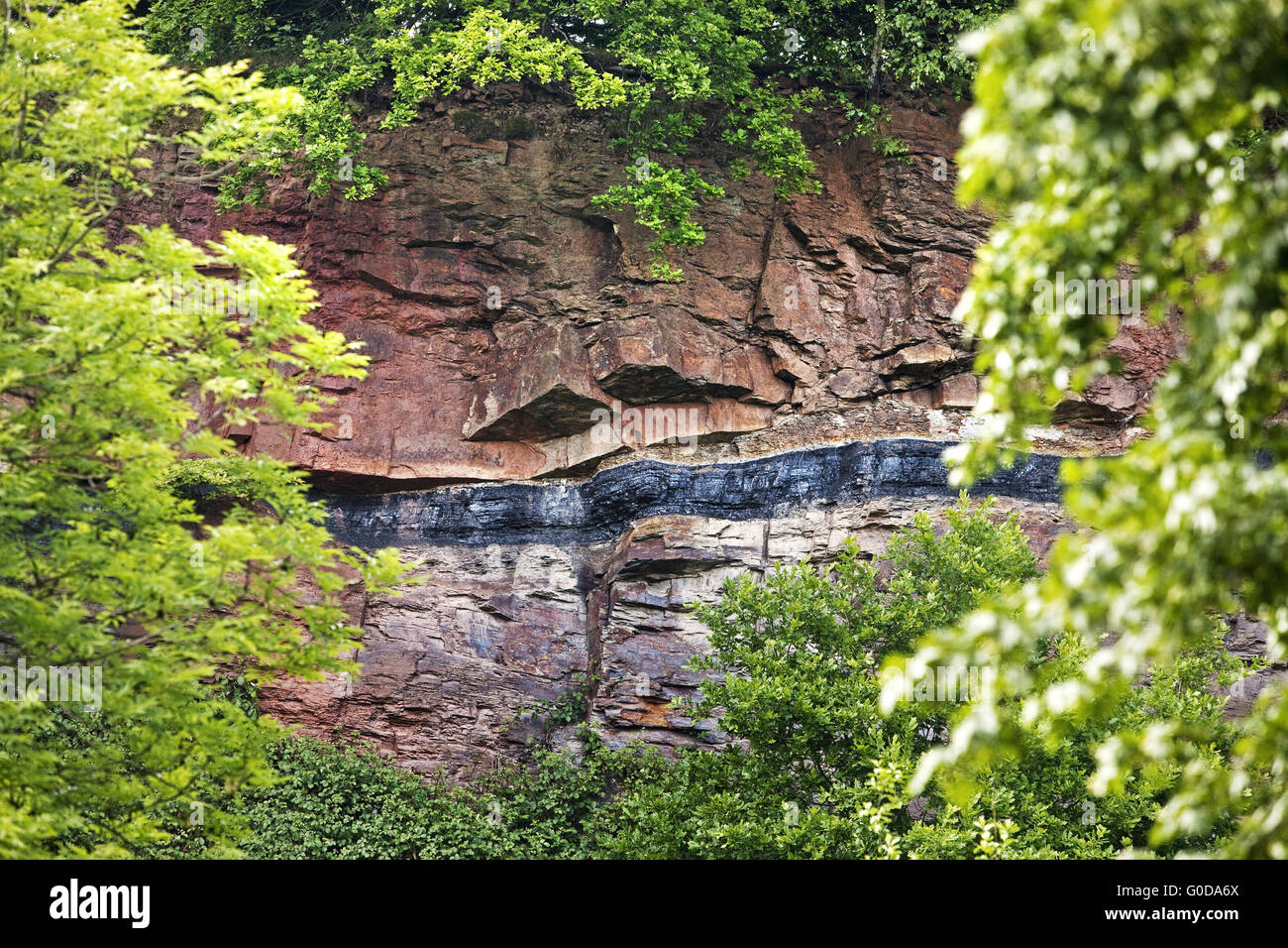 Geological outcrop with overground coal seam Stock Photo