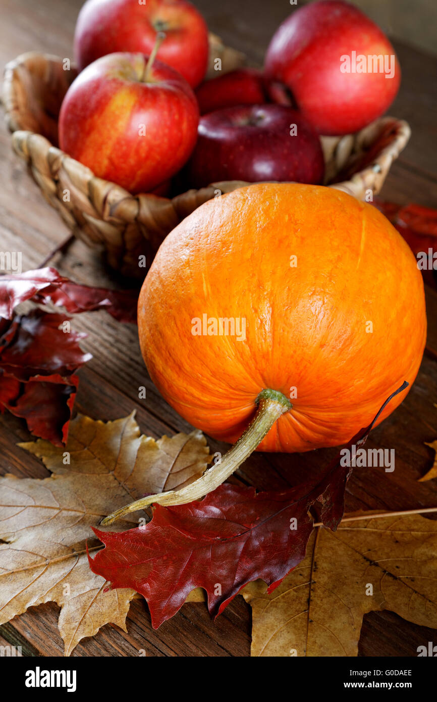 Autumn still life with apples and pumpkins with dry leaves Stock Photo ...
