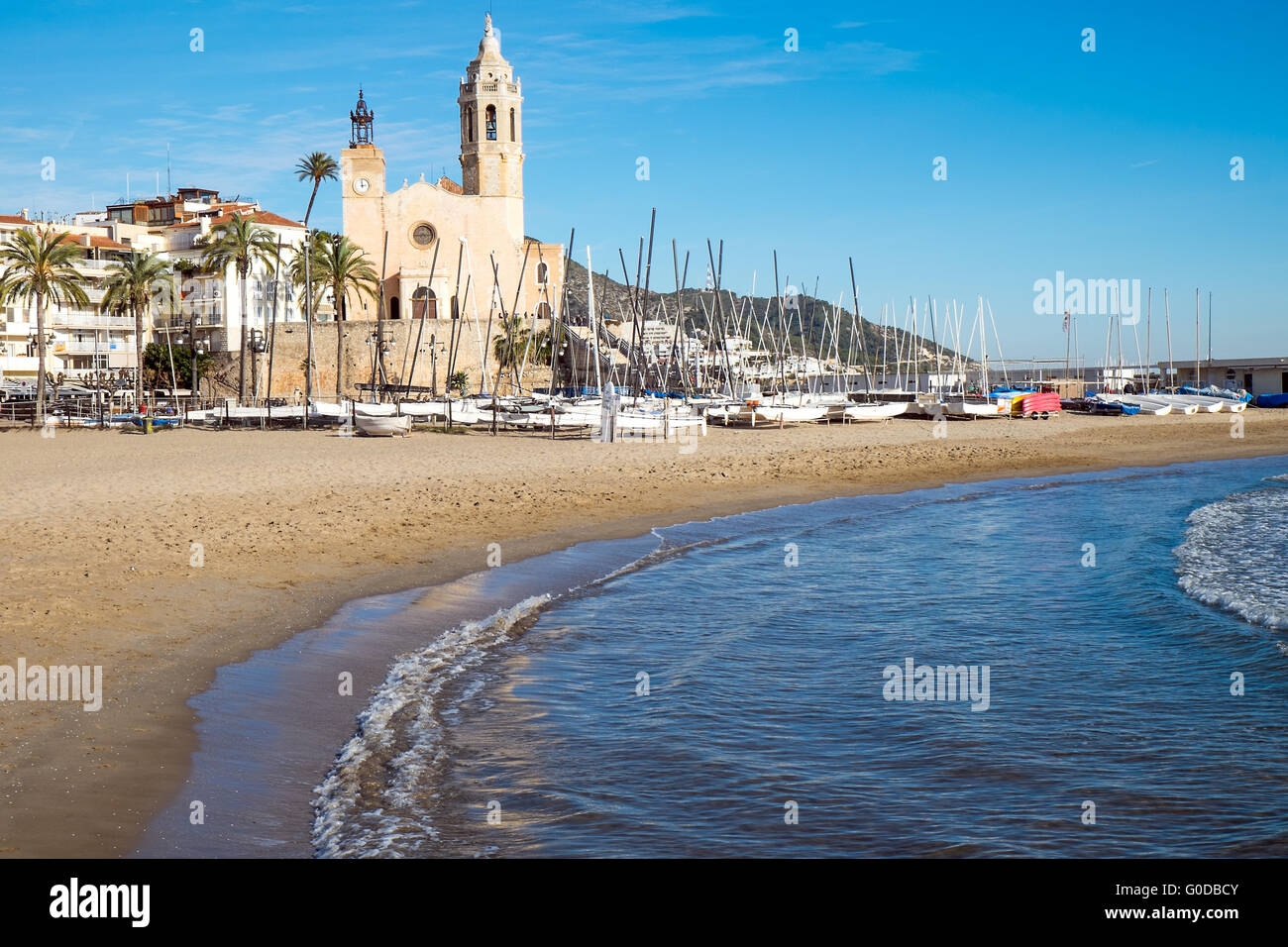 The church and the beach in Sitges, a small town n Stock Photo