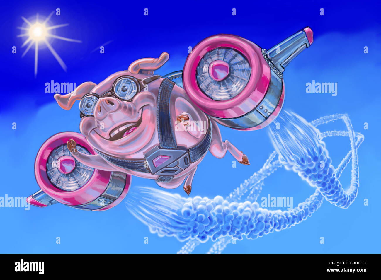 Illustration of a happy flying pig with a jet pack rocketing through the stratosphere leaving twin vapor trails. Stock Photo