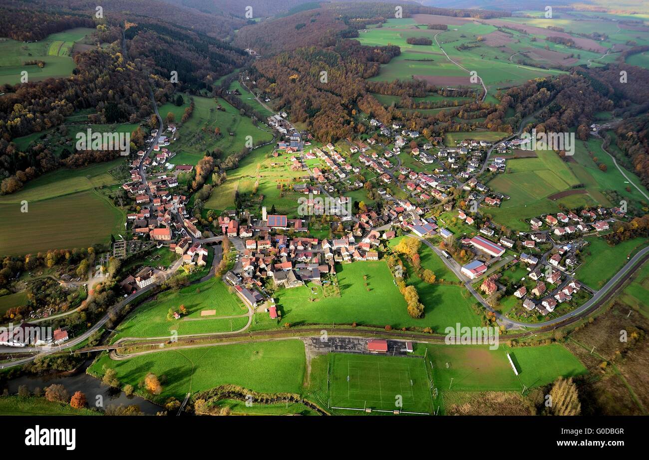Aerial view of Gräfendorf at the Franconian Saale Stock Photo