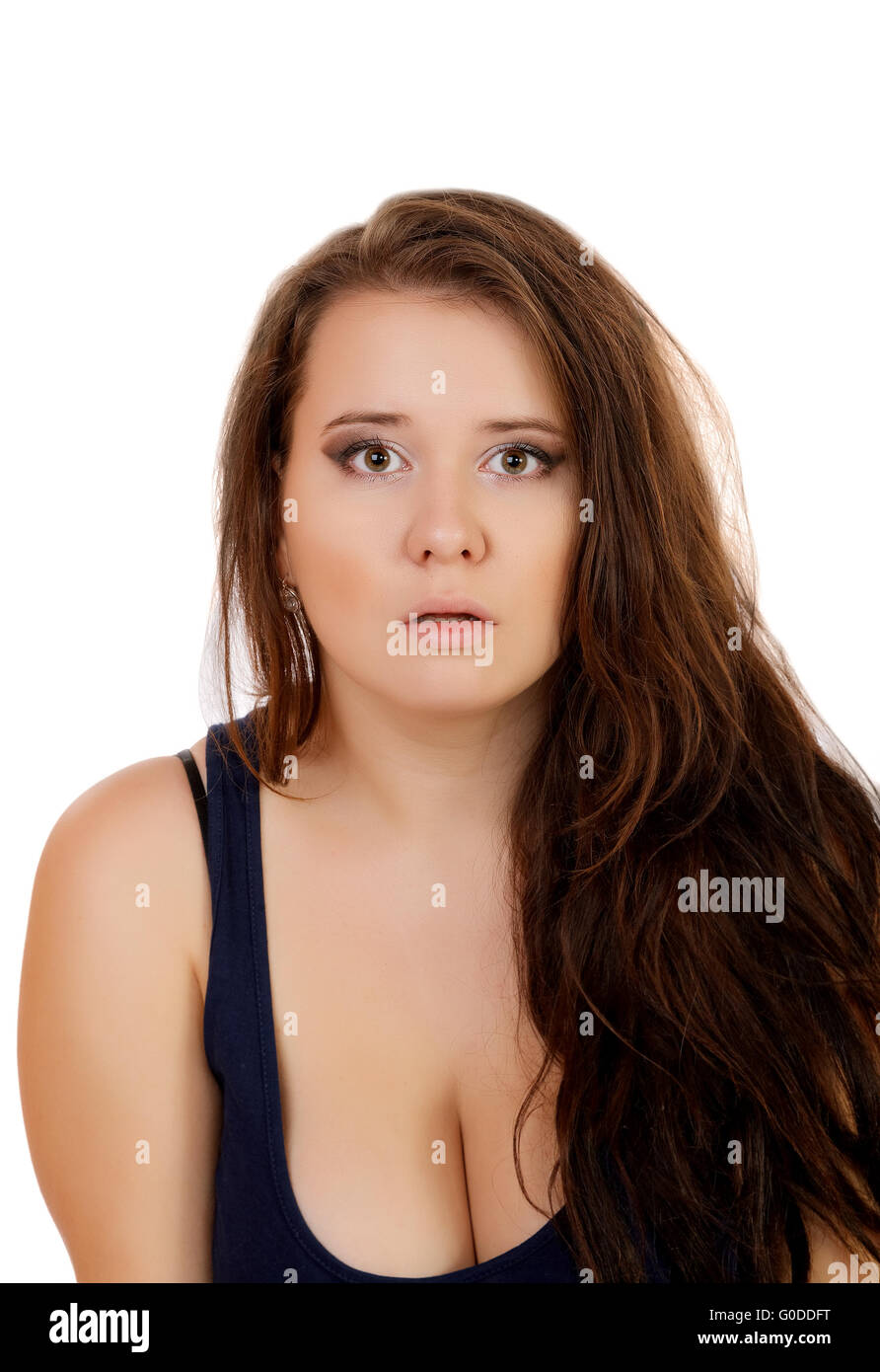 fat girl with a frightened look on his face Stock Photo