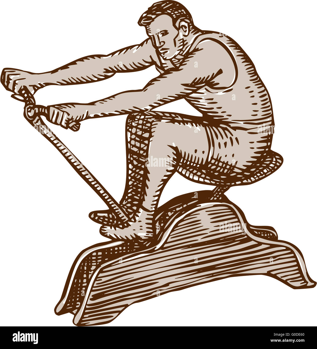 Athlete Exercising Vintage Rowing Machine Etching Stock Photo - Alamy