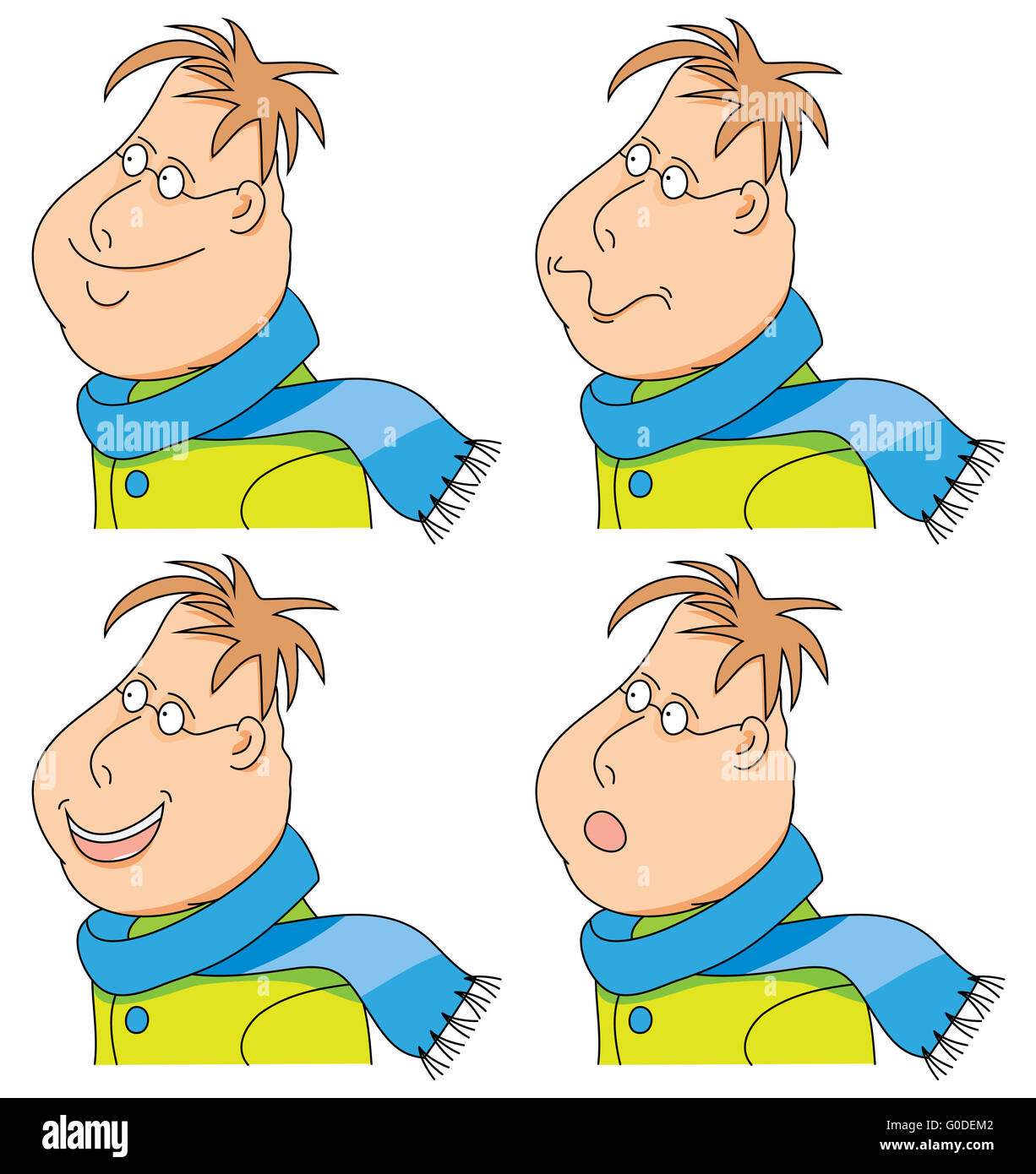 Vector cartoon man with a scarf and coat. emotions. set Stock Photo