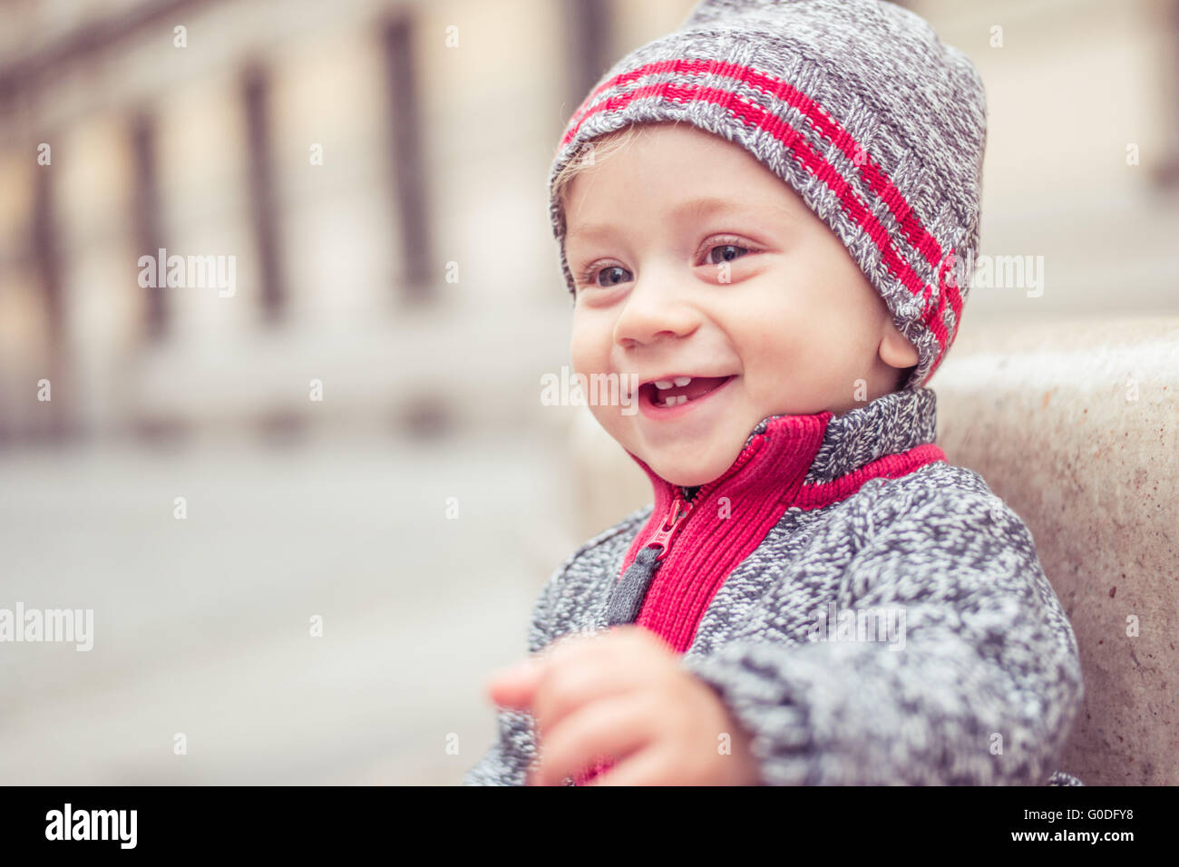 happy little baby boy wearing hat Stock Photo