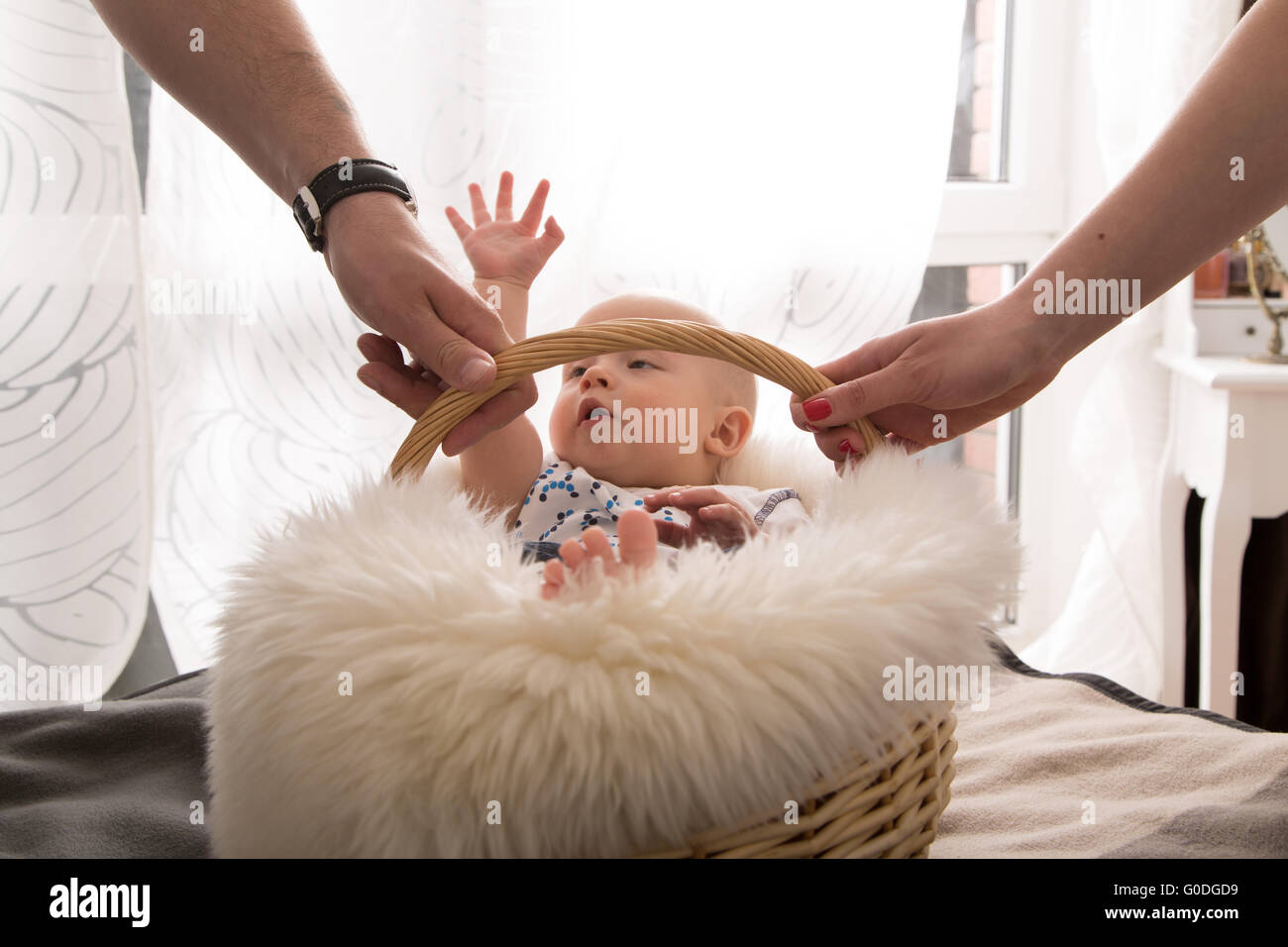 newborn baby in the basket Stock Photo Alamy